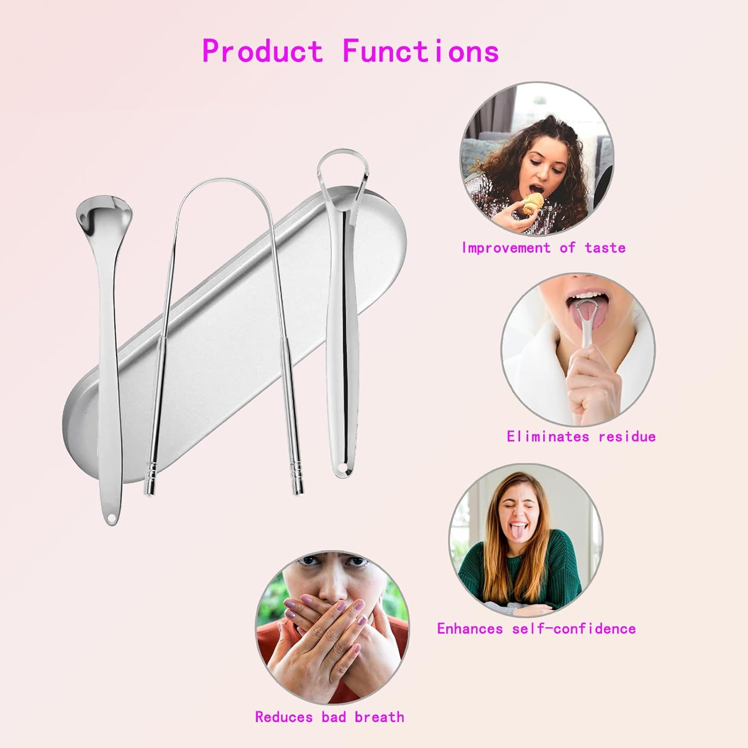 3 Pcs Stainless Steel Tongue Scraper, Metal Tongue Cleaning Tools for Oral Hygiene, Fresh Breath and Bad Breath Treatment, Reusable Tongue Care for Adults and Kids, with Storage Box - Silver image number 3