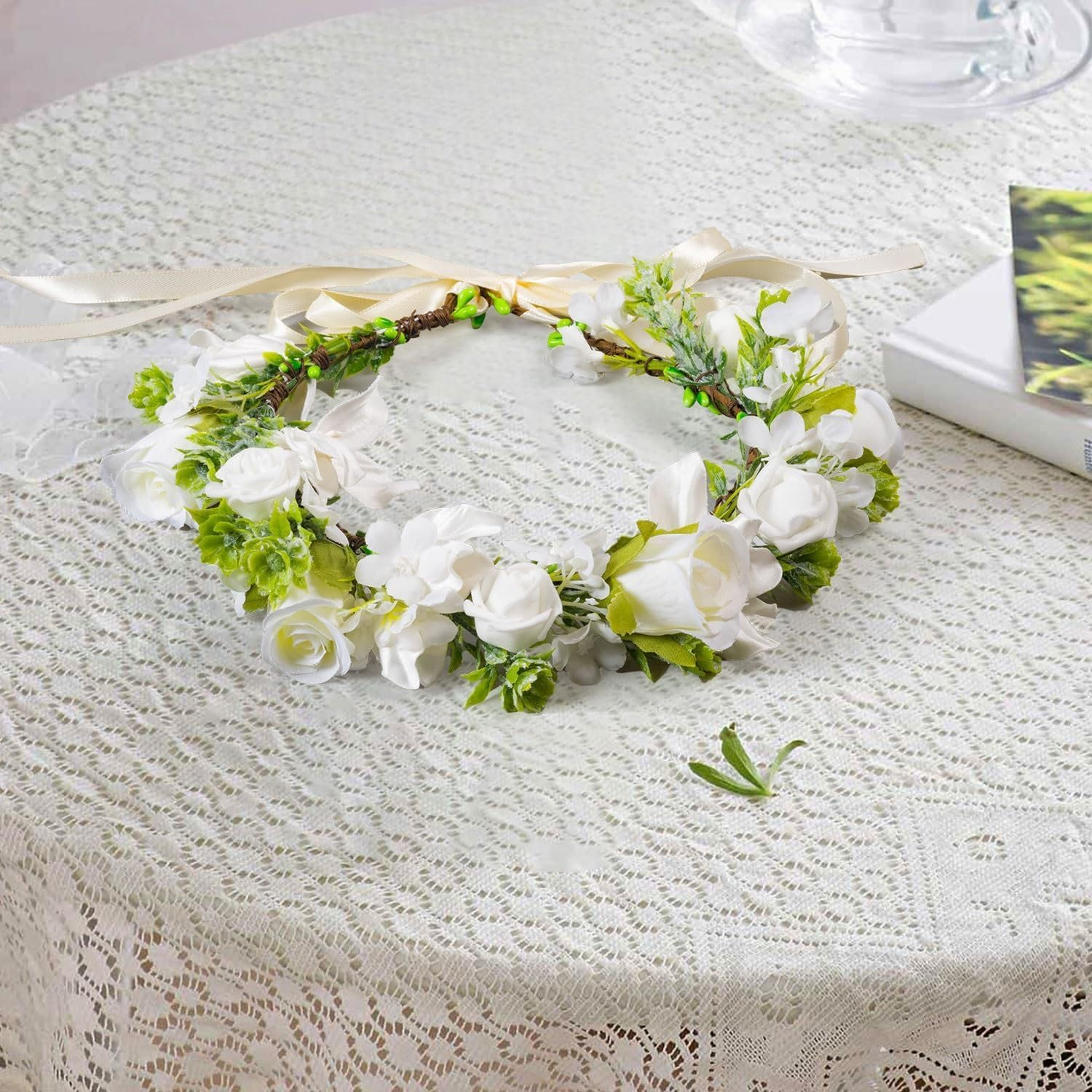 Flower Headband Artificial Floral Headpiece for Women Girls Halloween Renaissance Wedding Cosplay Party Hair Accessory (White, One Size) image number 1