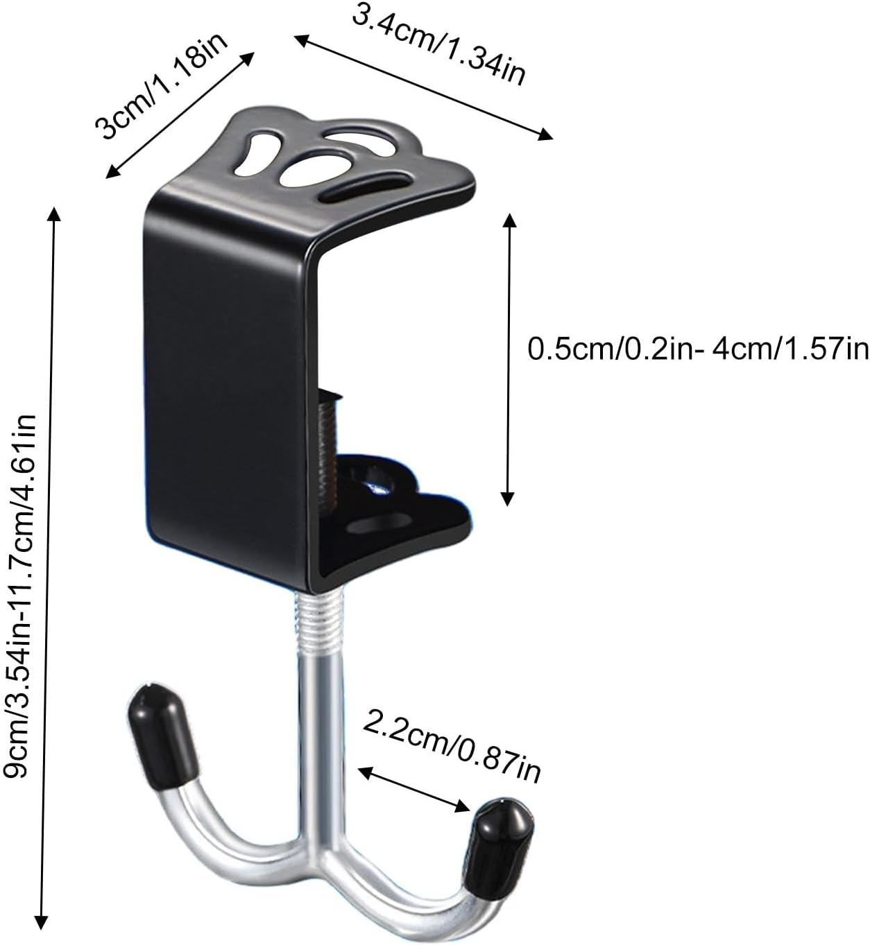 Rissunkv Desk Clamp Hook, Desk Mount Double Hooks Iron Bag Holder, Purse Hook Adjustable Thickness for Table for Headphones, Keys, Umbrellas - Black image number 2