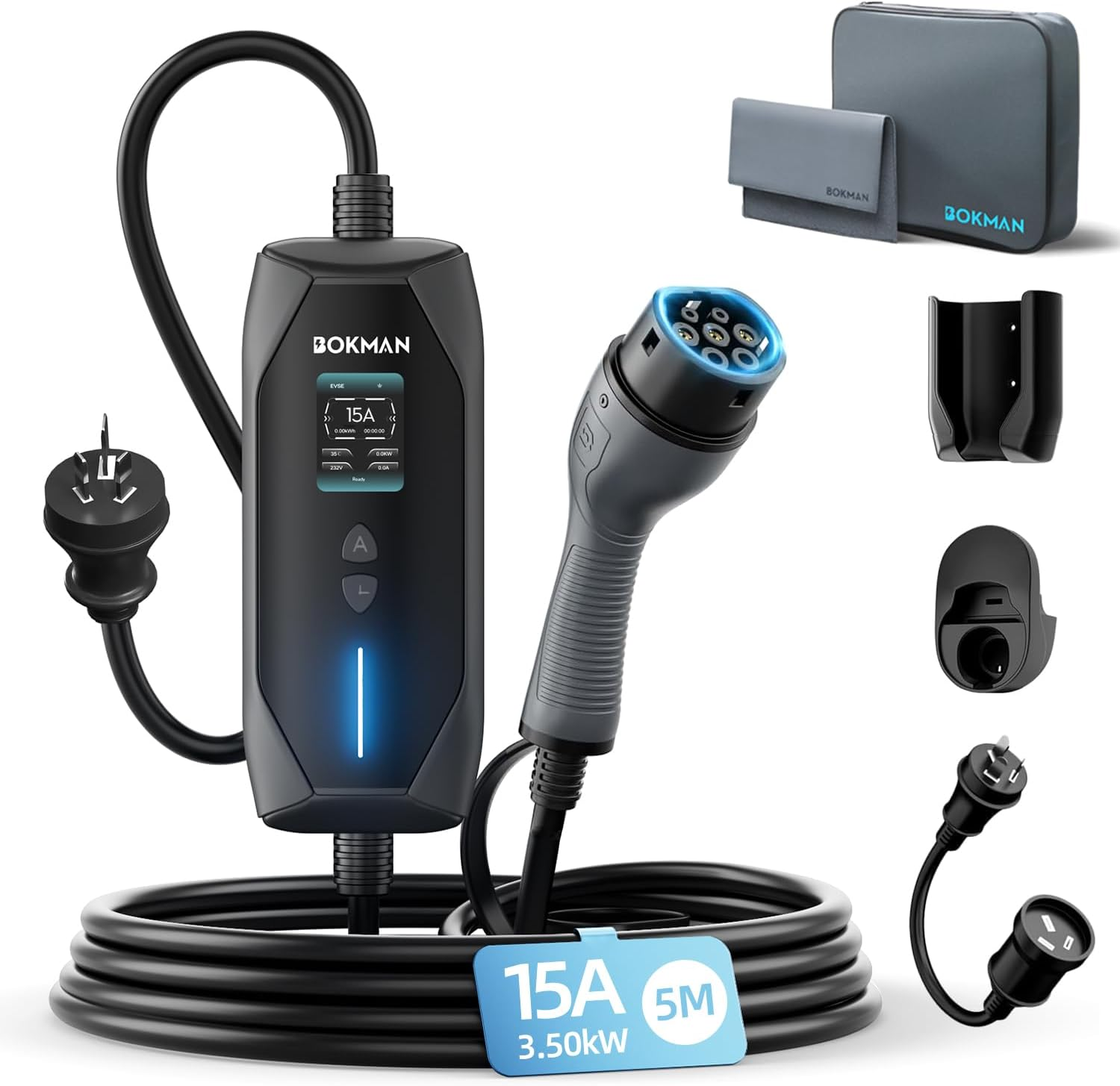 Bokman Type 2 EV Charger, (15A+10A Adapter/3.5Kw/5M) Portable Home Charger with Australian 15A Plug Compatible with Tesla Model3/Y/Atto 3/Mg4/Polestar2/Ev6/Ioniq5 image number 4