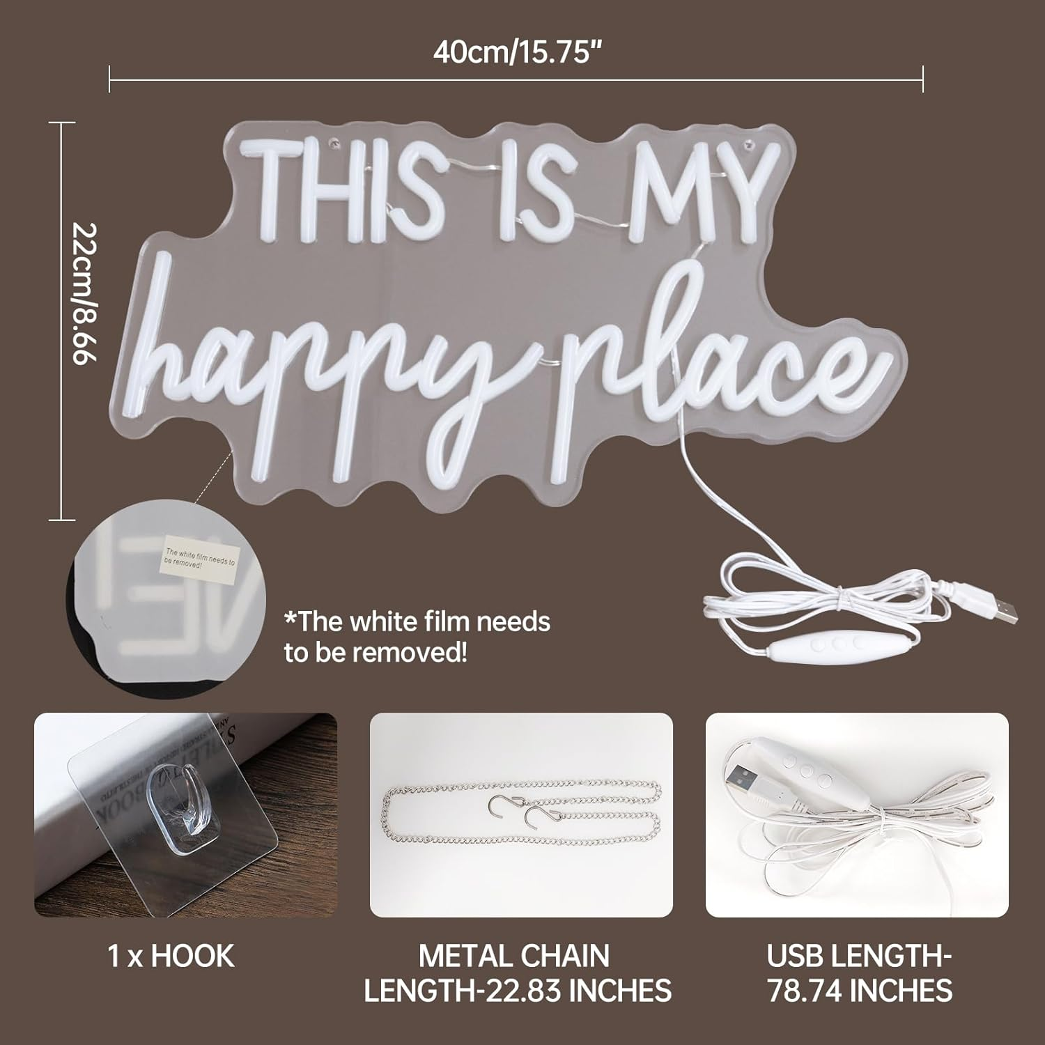 Neon Lights for Wall Decor - This Is My Happy Place Neon Signs for Teen Girls Bedroom Decor, Led Sign for Wall Decor, Nightstand Light, Dimmable Switch USB Power, Adhesive Hook Included - Neon Pink image number 4