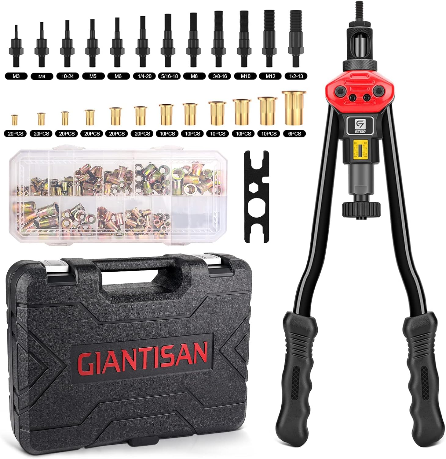 Giantisan 17" Rivet Nut Tool, Professional Rivet Nut Tool Setter Kit Including 11 Metric and SAE Mandrels, 110Pcs Assorted Rivet Nuts, Effortless Design, Rugged Carrying Case image number 1