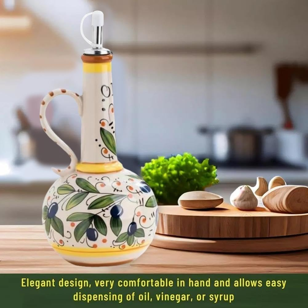 Ceramic Olive Oil Dispenser Bottle,Decorative Stoneware Olive Oil Cruet for Kitchen with Stainless Steel Spout, Hand Painted Olive Oil Bottles for Kitchen, Stoneware Olive Oil Cruet，Italian Style Deco