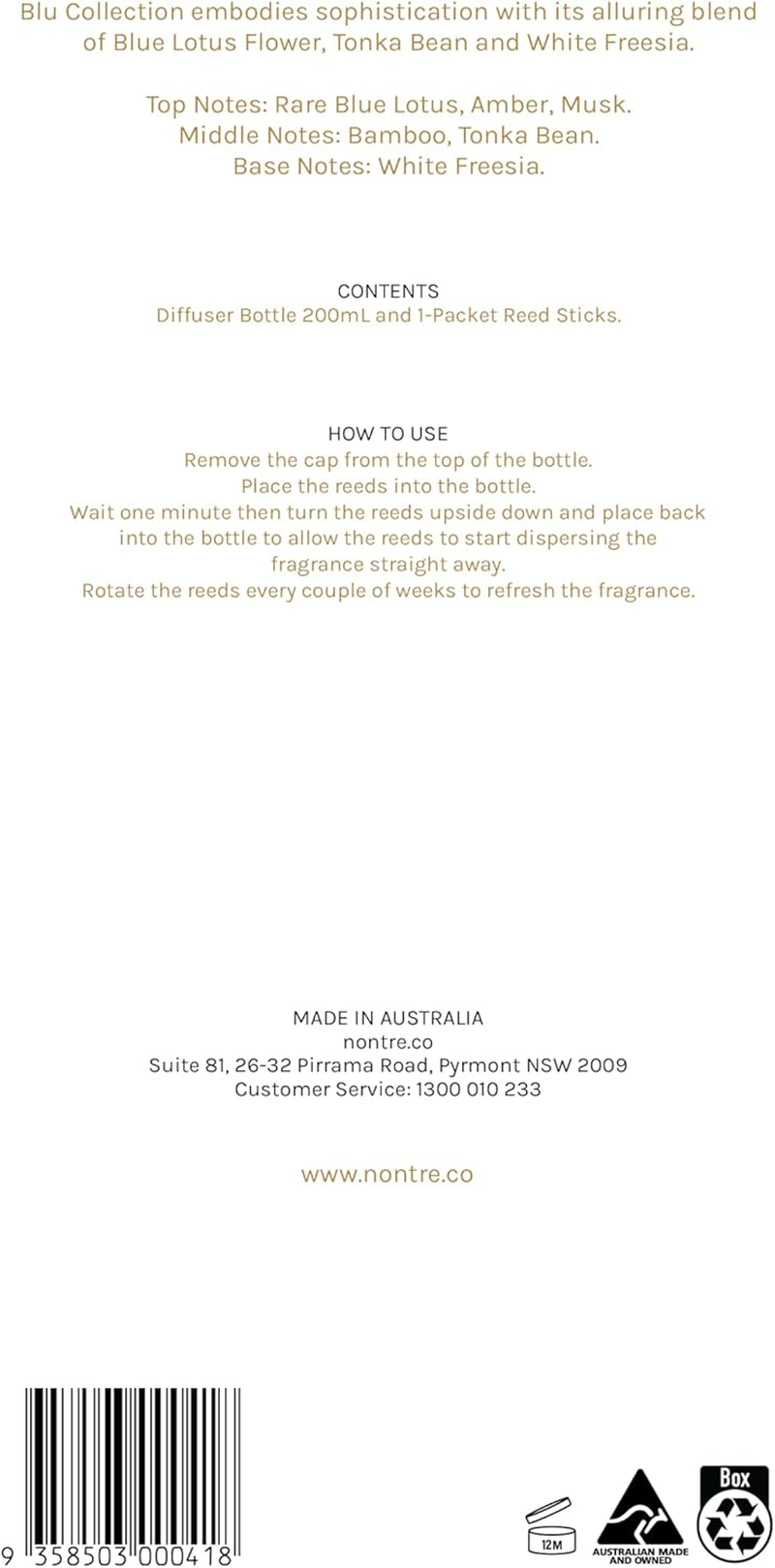 Nontre, Reed Diffuser, Blu Collection, 6 Bamboo Reeds, Delicate, Exotic Aroma with Extreme Scent Longevity, Aromatherapy Reed Diffuser, 200Ml image number 1