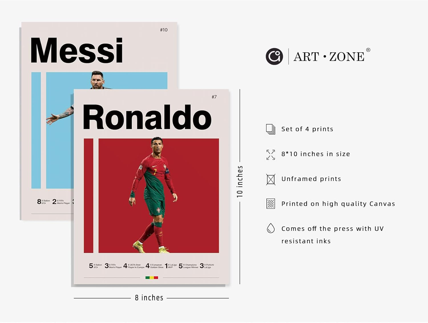 A ART&middot;ZONE Soccer Posters 8X10 Inch Canvas Prints Unframed Set of 4 - Messi, Ronaldo, Mbape and Neymar Famous Football Superstar Poster Sports Decor for Boys Bedroom Wall Art image number 5