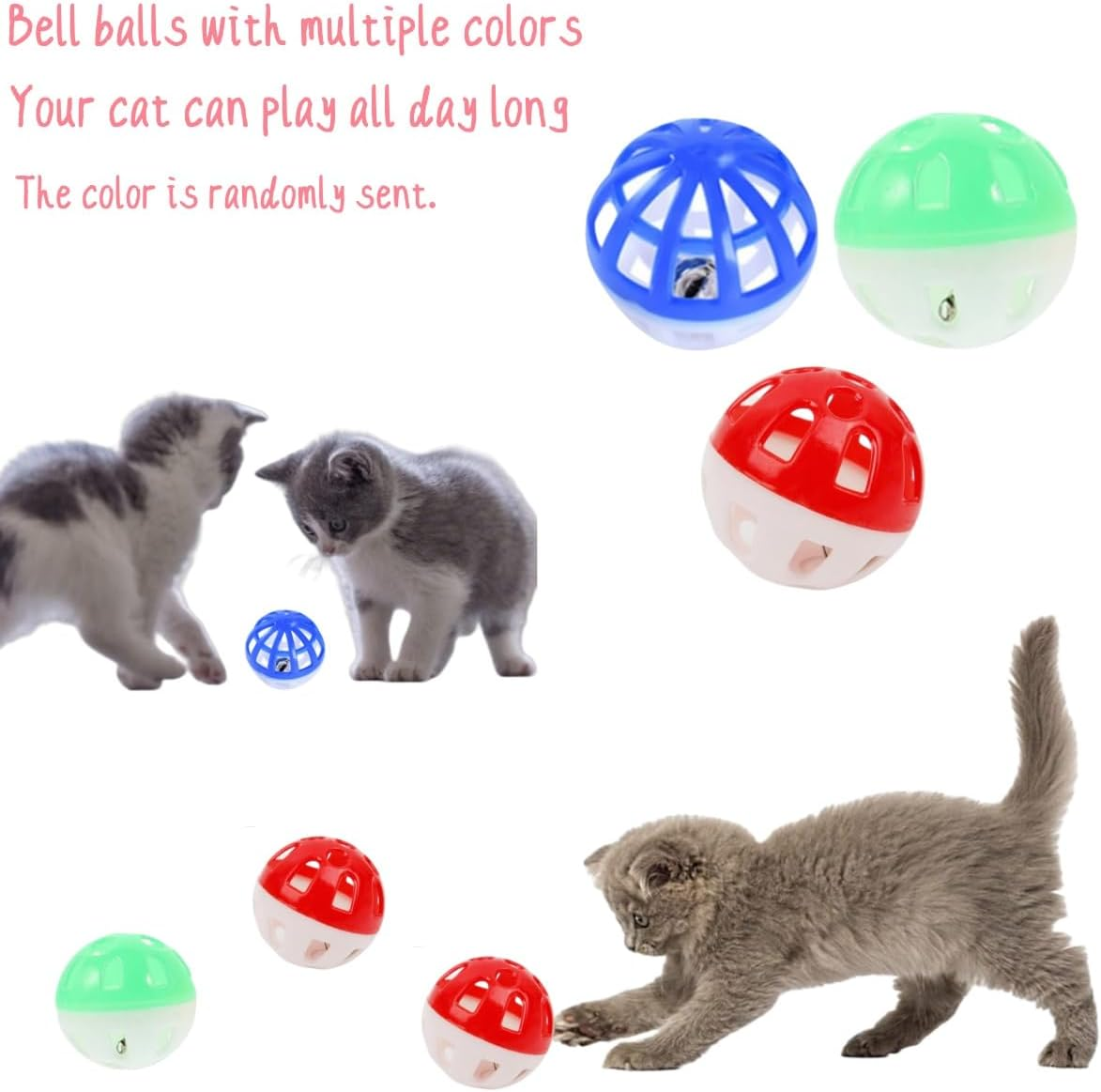12PCS Cat Toy Ball with Bell,Plastic Kitten Chase Toys Jingle Bell Ball for Cat Indoor Training,Rattle Ball Toys Random Color