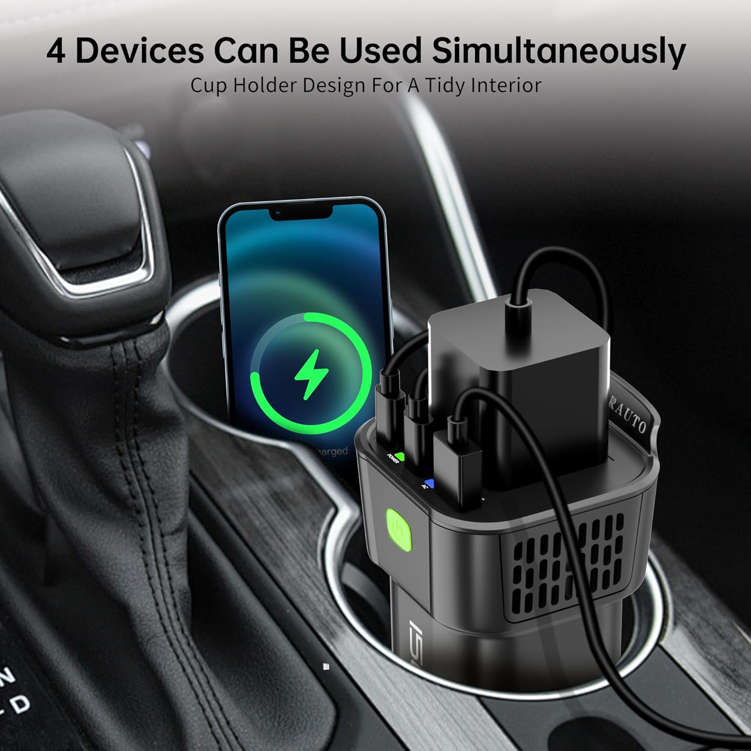 AUCARAUTO 150W Car Power Inverter, DC 12V to 220V AC 5-In-1 Cup Holder Car Plug Adapter Outlet with 10A Cigarette Lighter Socket, 2 USB-C 30W & 1 USB-A 18W Converter Charger - Black image number 5