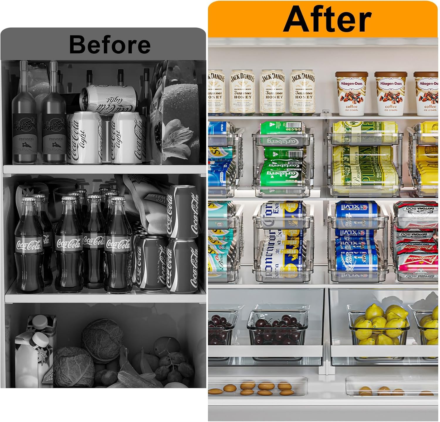 Soda Dispenser with Adjustable Width,Refrigerator Can Organiser,2-Layer Automatic Rolling Can Organiser Retractable Storage for Freezer,Kitchen, Fridge, Pantry, Cabinets, Clear