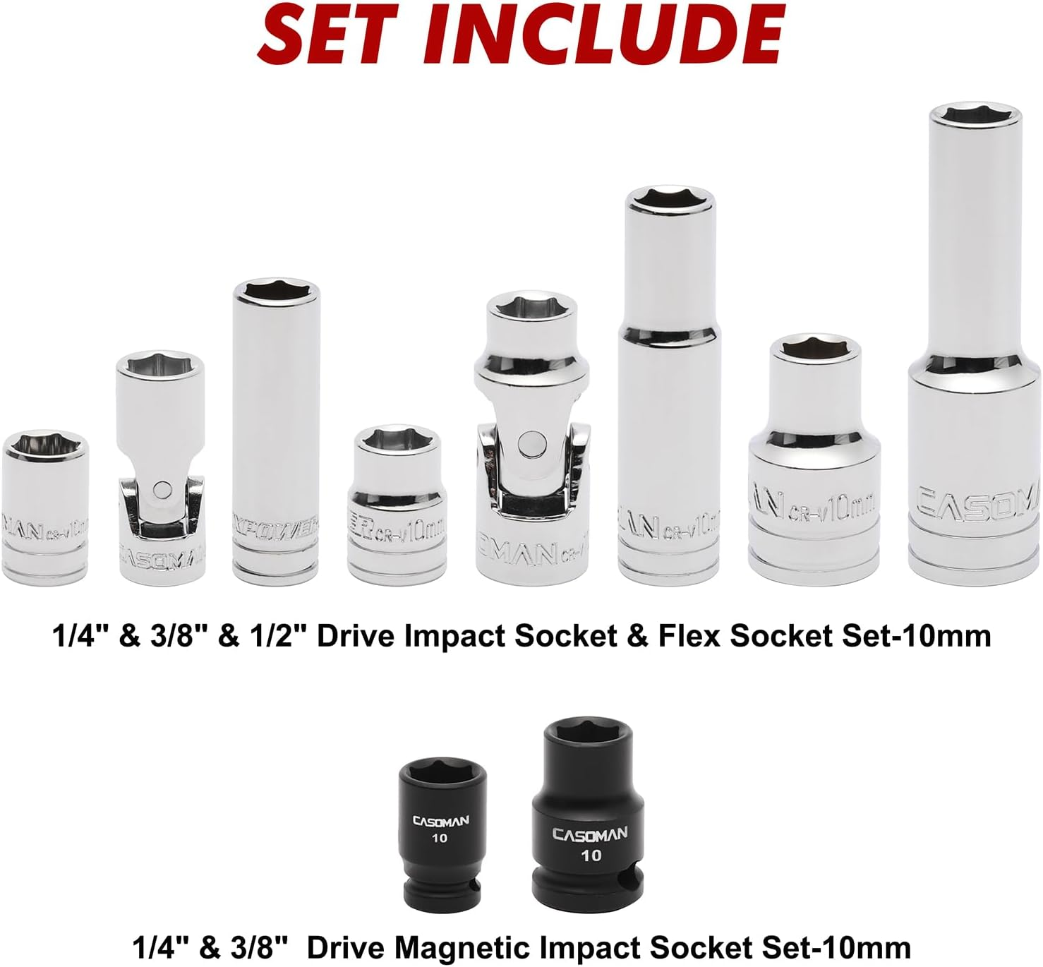 CASOMAN 10-Piece Impact Socket & Flex Socket Set - 10Mm, 1/4" & 3/8" & 1/2" Drive, 6-Point, Magnetic Impact Sockets, with Storage Rail image number 3