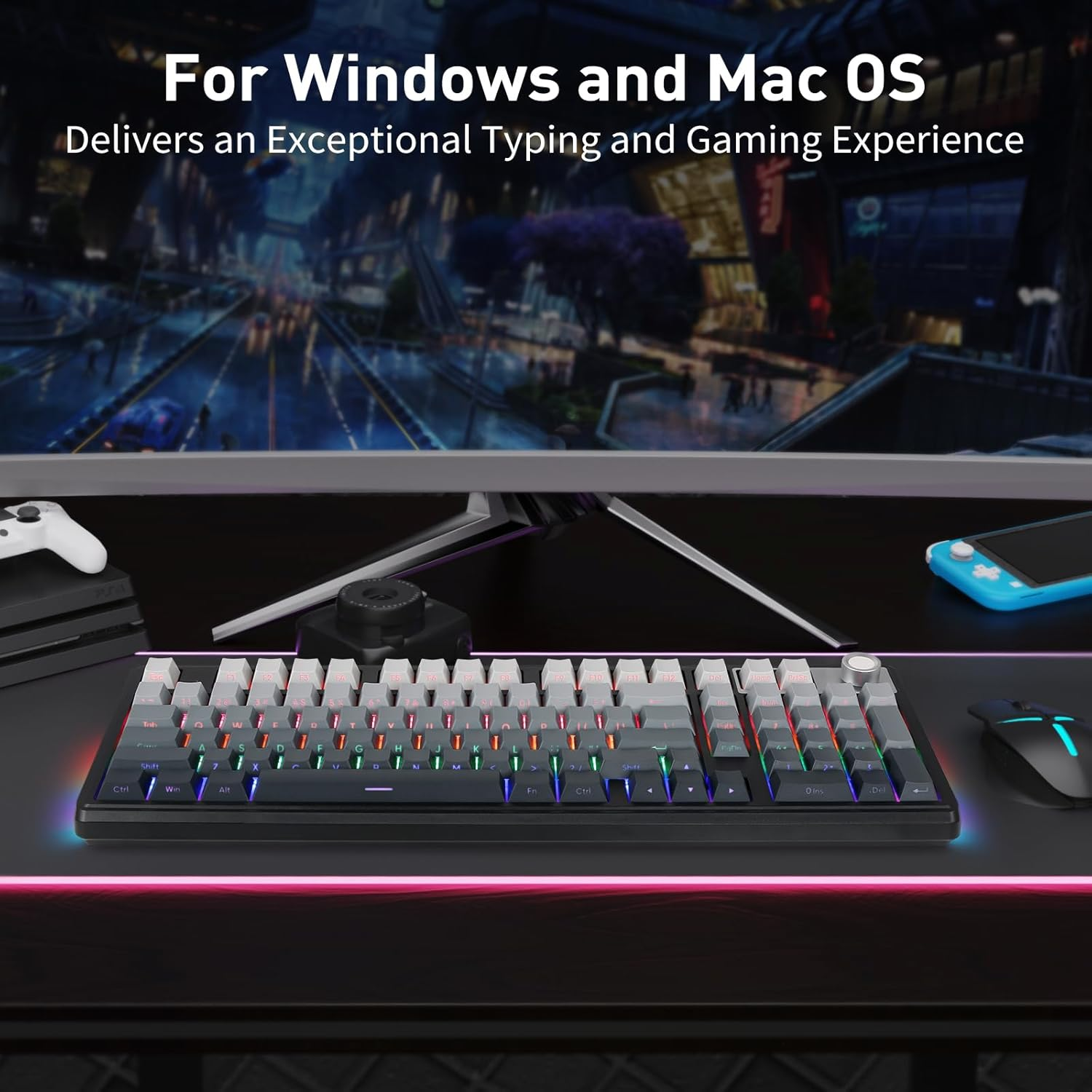 HUO JI Wireless Mechanical Gaming Keyboard with Knob, Bluetooth 5.0/2.4Ghz/Usb-C Wired, Hot Swappable Red Switches, Anti-Ghosting, Led Backlit Sidelit, 96% Computer Keyboard for PC Gamer (Grey) image number 1