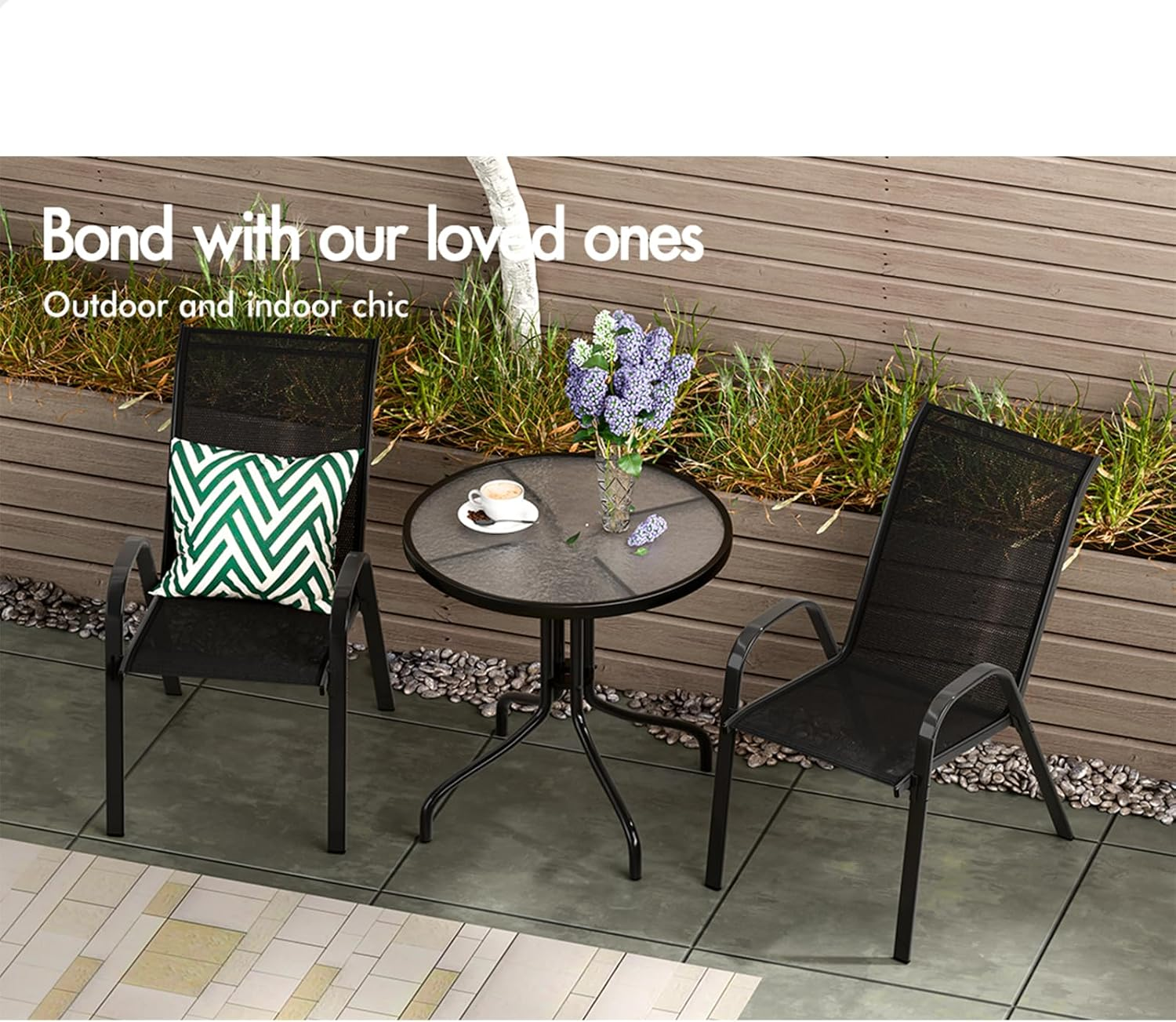 ALFORDSON Outdoor Patio Bistro Chairs 2 Pcs Uv-Resistant PE Wicker, 2X Stackable Outdoor Lounge Chairs with Metal Frame for Conversation Set Coffee Table, Black image number 6