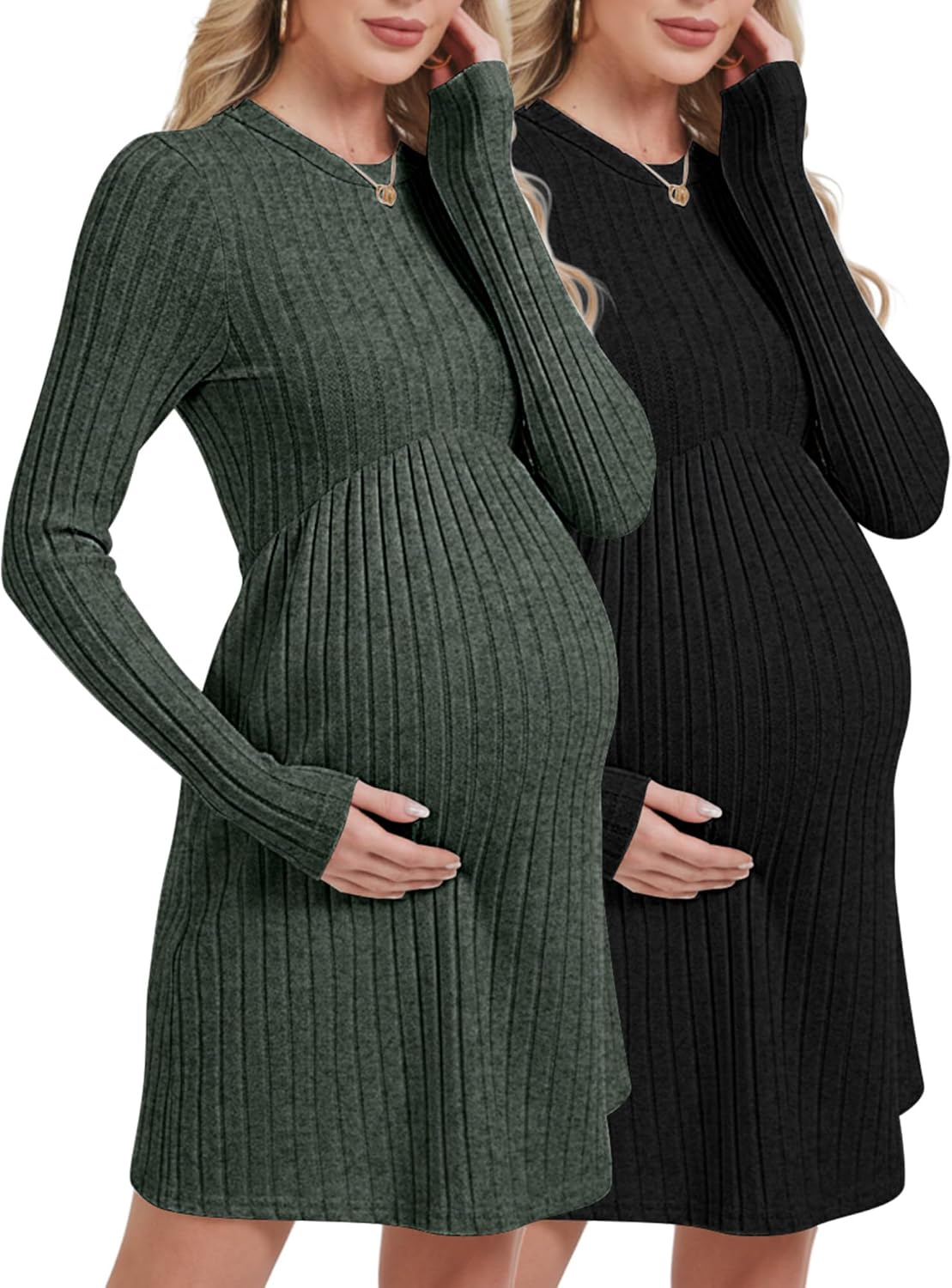 2 Pack Women Maternity Knit Sweater Dress Long Sleeve Casual Pregnancy Midi Dress Crew Neck Pleated Empire Waist