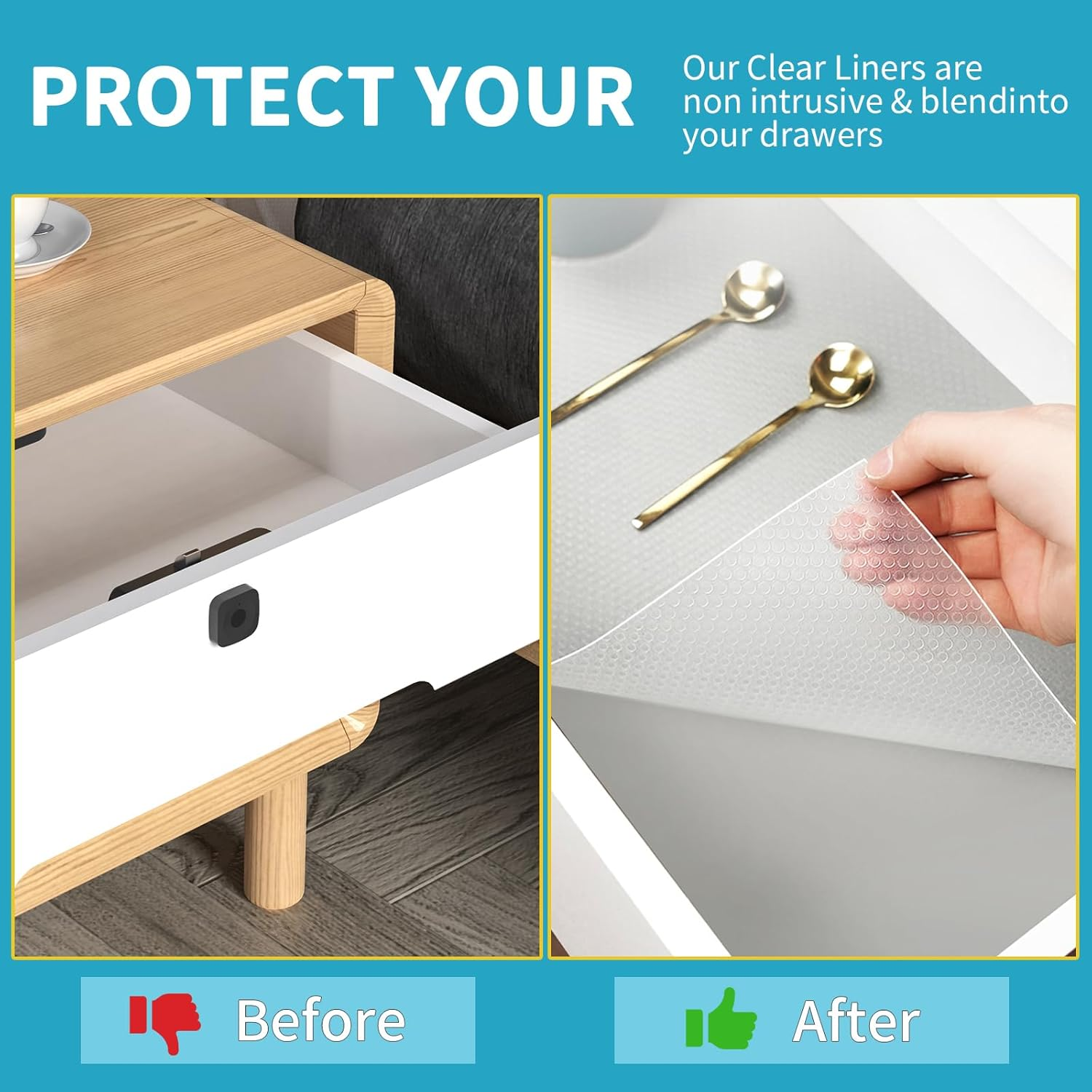 2 Pack Drawer Liners, 60 CM * 500 CM Non-Adhesive Shelf Liner, Waterproof Anti-Slip BPA Free Kitchen Cupboard Cabinet Liner, EVA Plastic Lining Washable Draw Liners for Home Office