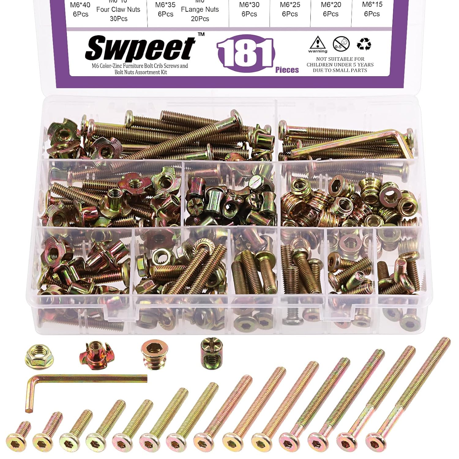 Swpeet 181Pcs M6 X 15Mm - 80Mm Color Zinc Flat Head Hex Socket Cap Baby Crib Bed Bolts Nuts Screws and Threaded Insert Nuts with Flange Nuts and 4 Pronged Tee T Nuts Assortment Kit with Allen Wrench