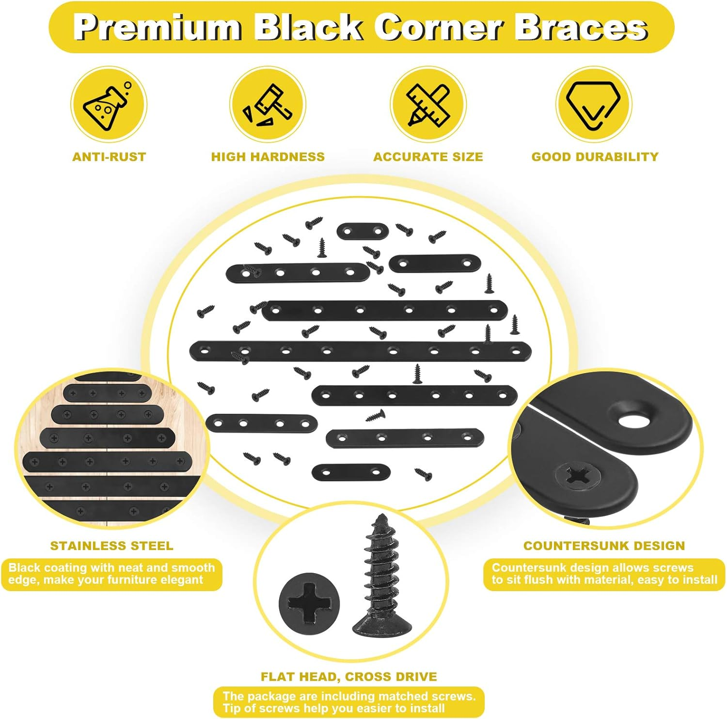 Mardatt 15 Sets 100X17.4Mm(3.9X0.68Inch) Stainless Steel Black Straight Bracket Mending Plates for Wood Heavy Duty Flat Straight Brace Joining with Mounting Screws image number 6