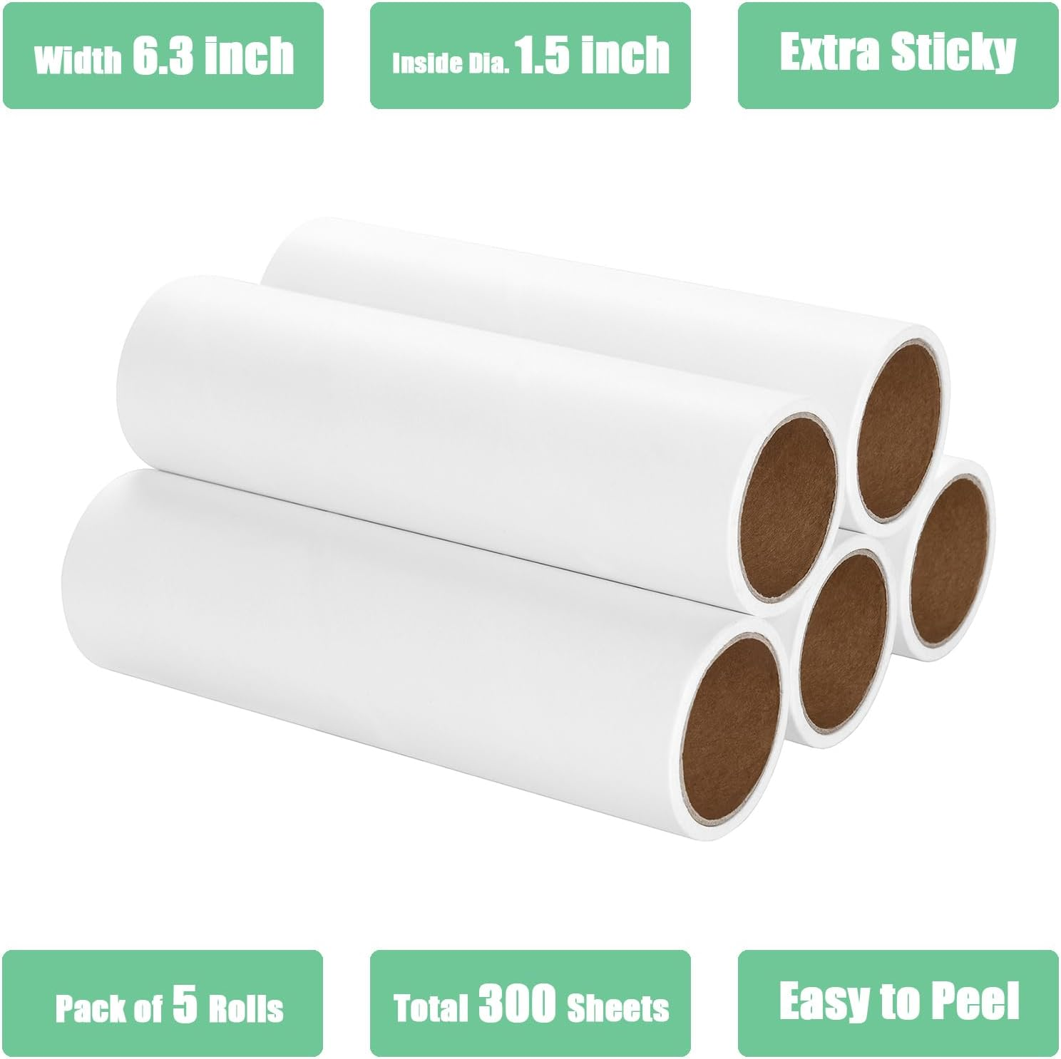 6.3 Inch Lint Roller Refills Only, Extra Sticky Lint Remover Refills for Pet Hair Sticky Roller Refill Adhesive Tape Easy Peel 60 Sheets per Roll, Pack of 5, Total 300 Sheets (6.3'' Wide) image number 3