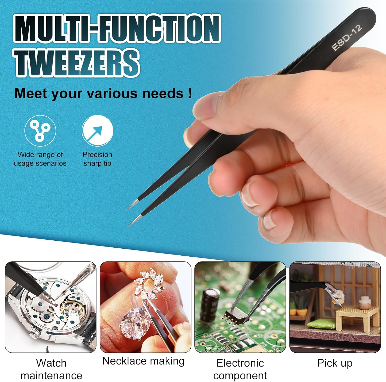 10Pcs Precision Tweezers Set, Upgraded Anti-Static Stainless Steel Tweezers with Storage Box, for Craft, Electronics, Jewelry-Making, Laboratory Work, Soldering, DIY image number 4