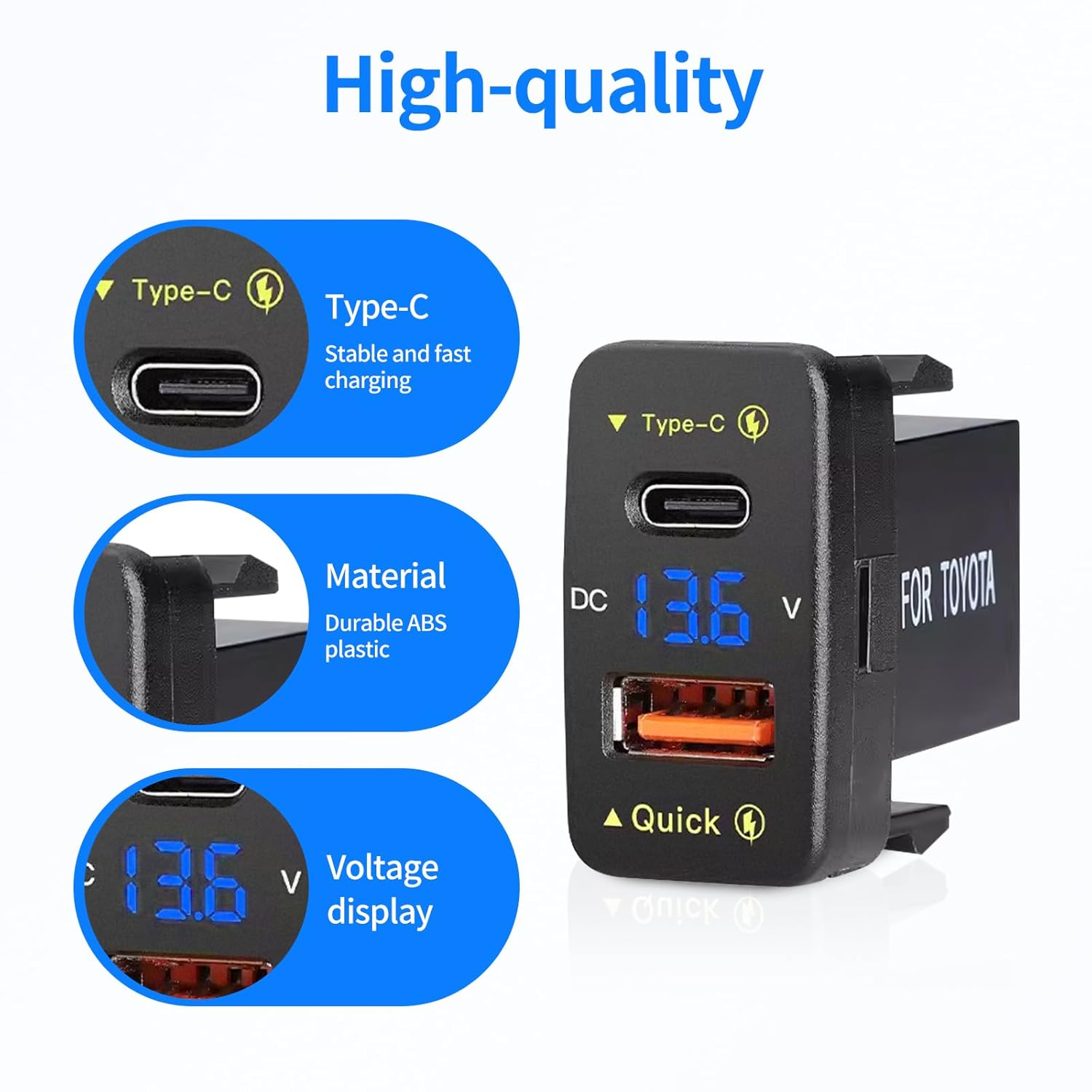 Levigo Car Charger Dual 18W USB PD+QC3.0 Fast Charge for Toyota, Type C USB Car Power Socket with LED Voltmeter Display, Compatible with 12/24V Cars(1.2 * 0.9Inch) image number 5