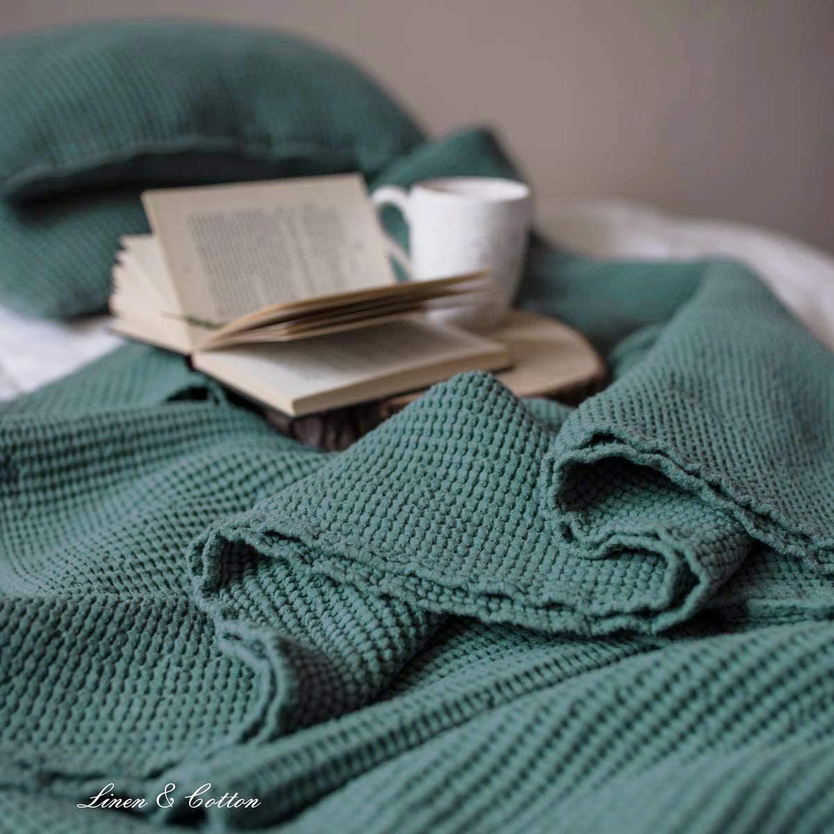Linen & Cotton Plaid Blanket Summer Bedspread Waffle Pique Enzo - 48% Linen, 52% Cotton, Emerald Green (210 X 250 Cm) Blanket Throw Bed Linen