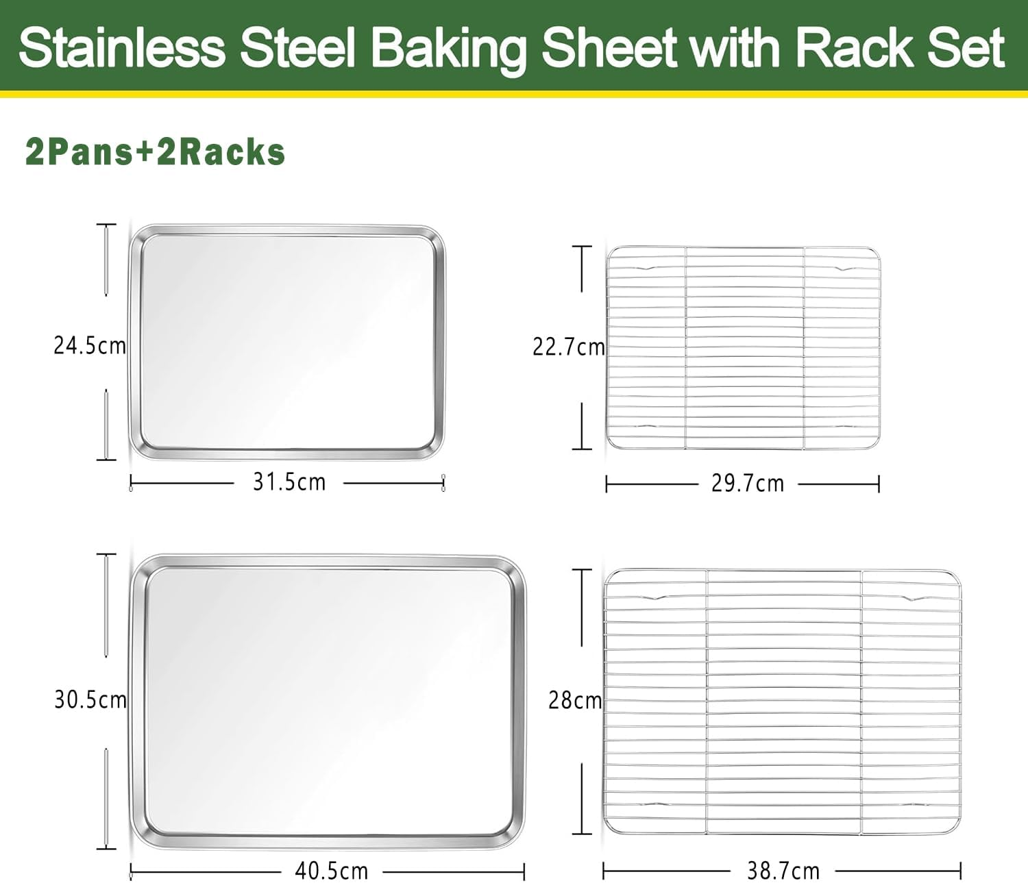 Baking Tray with Wire Rack Set, Stainless Steel Cake Pan Cookie Sheet Rectangle Bakeware Set with Cooling Rack for Oven, Healthy & Heavy Duty, Sturdy & Dishwasher Safe(2 Pans + 2 Racks) image number 3