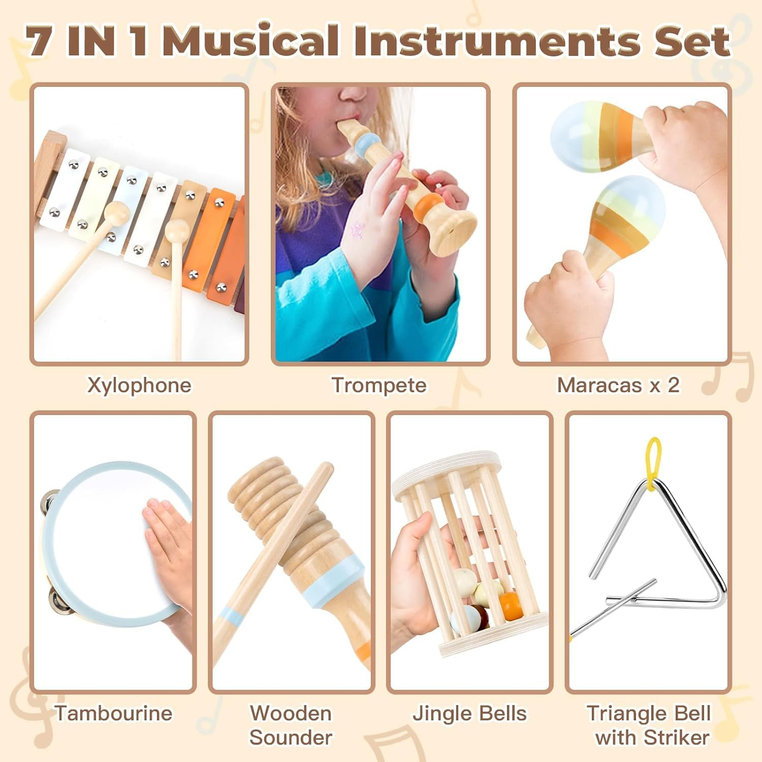 Kids Wooden Percussion Instruments Toy Set,7 in 1 Toddlers Montessori Musical Toys Music Enlightenment Percussion Toys Preschool Educational Music Toys for Boys Girls image number 4