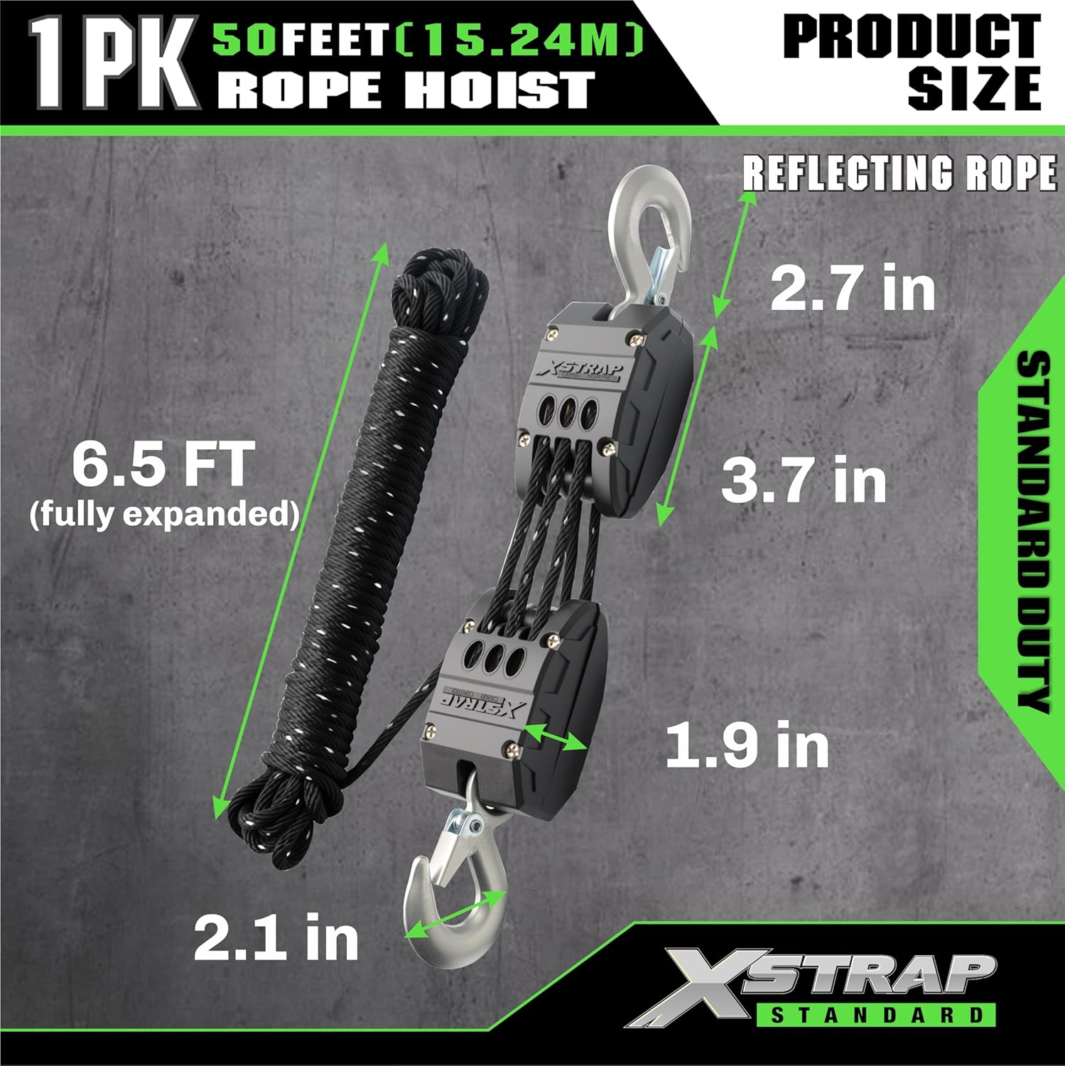 XSTRAP Standard Heavy-Duty 2,000LB Reflective Rope Hoist Pulley 50 Feet Wheel Block and Tackle System with 2PK 18 Inch Soft Loops for Animal Husbandry, Garage, Warehouse, Constructions image number 6