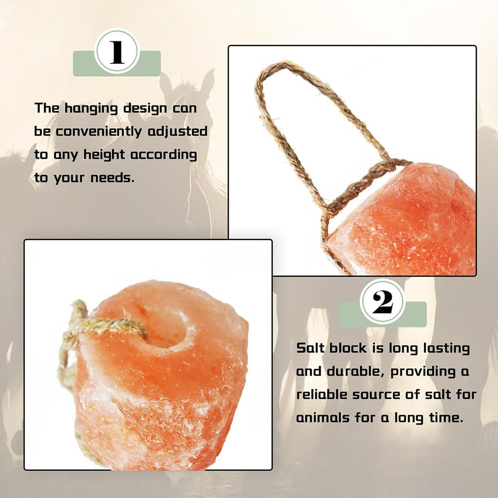 Himalayan Salt Lick Salt Block on Rope for Horse Animals Mineral Salt Licks;Natural Mineral Salt Block for Horses,Cattles,Deer,Goat,Livestock Long Lasting Original Pink Salt Lick (2.4-4.4Lbs) image number 6