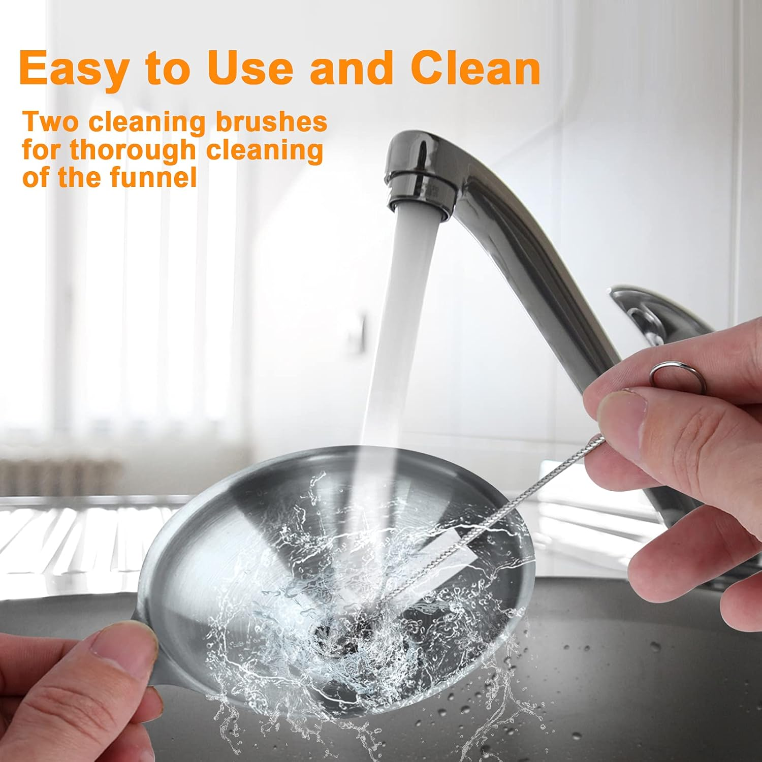 VOPTON 6 Pcs Stainless Steel Mini Funnels for Kitchen Use. Large Tiny Small Funnel Set of 3, Metal Cooking Powder Food Grade Flask Funnels for Filling Bottles Liquor Water Spice, 2Pcs Cleaning Brushes image number 2