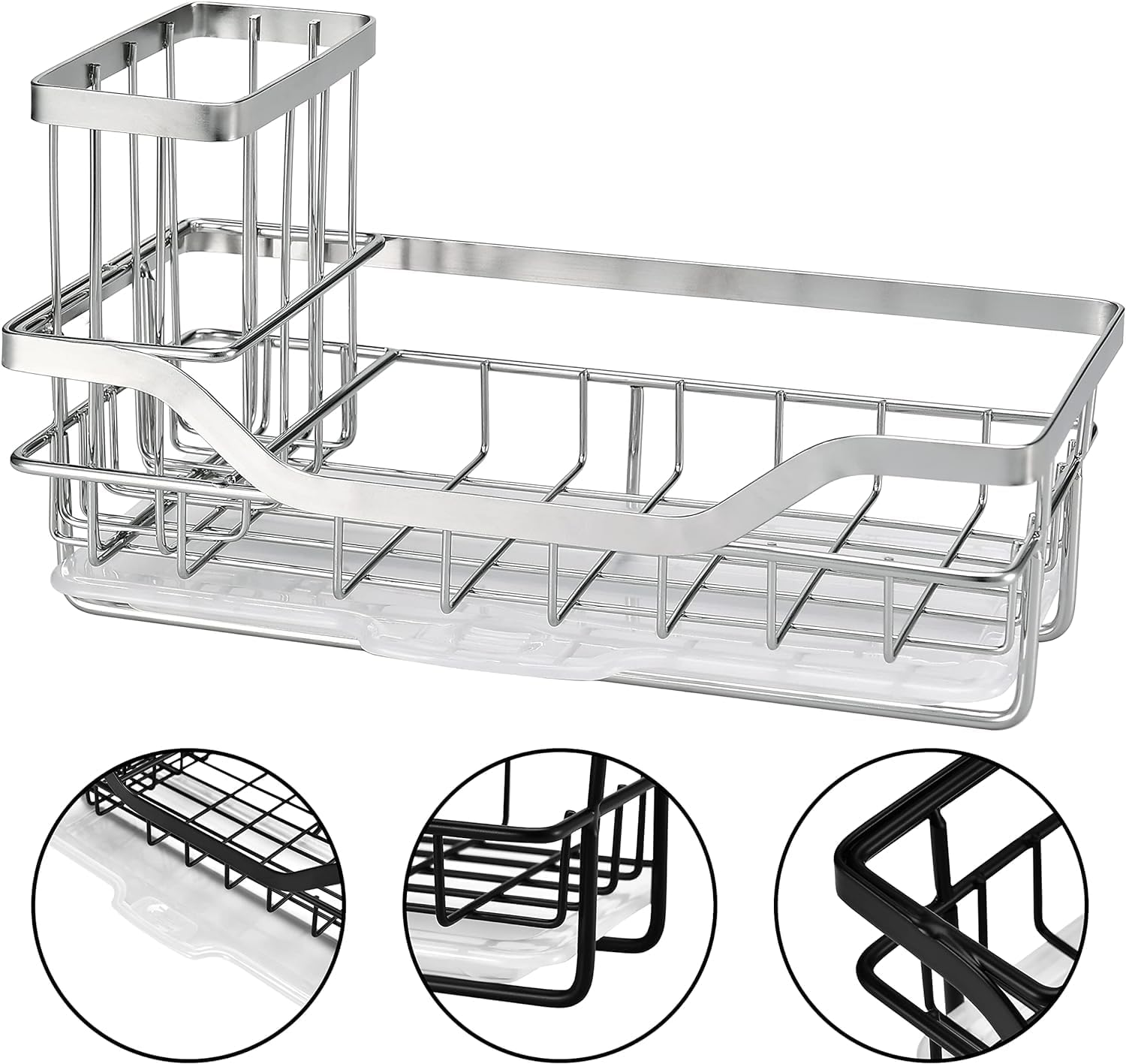 COCOBOSS Sink Organiser, Kitchen Sink Sponge Holder, Premium Stainless Steel Sink Organiser Kitchen with Removable Drip Tray and Non-Slip Strips, Silver (22 X 9 X 13 Cm) image number 3