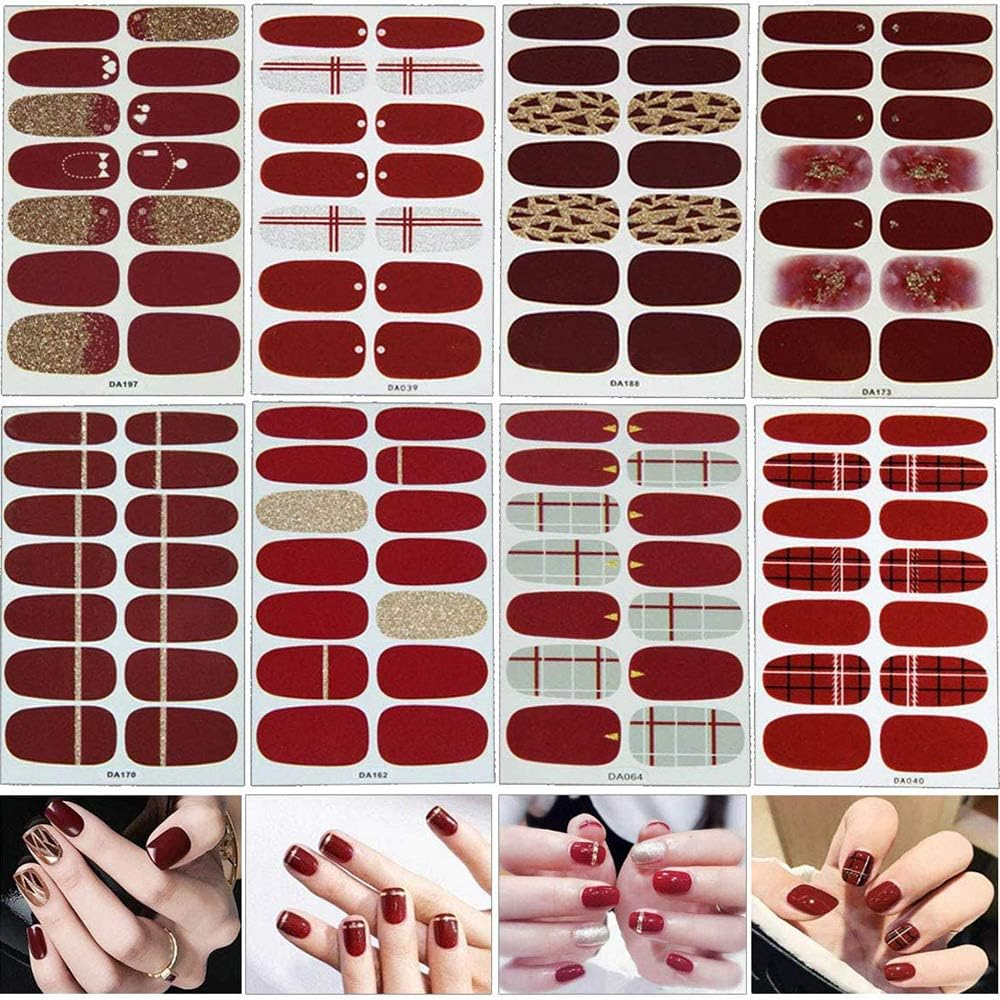 8 Sheets 112 Pieces Nail Stickers Nail Polish Stickers Strips Red Color Shine Full Wraps Nail Art Adhesive Decals image number 1