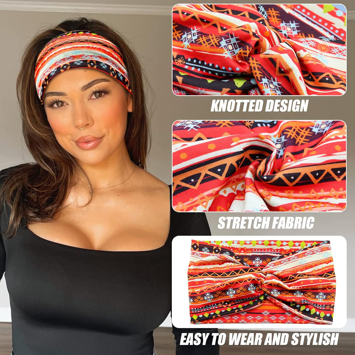 Carede Wide African Headbands for Women Boho Twist Head Bands Elastic Turban Headwraps for Lady Yoga Sports Workout Stretchy Hairband,Pack of 8 image number 5