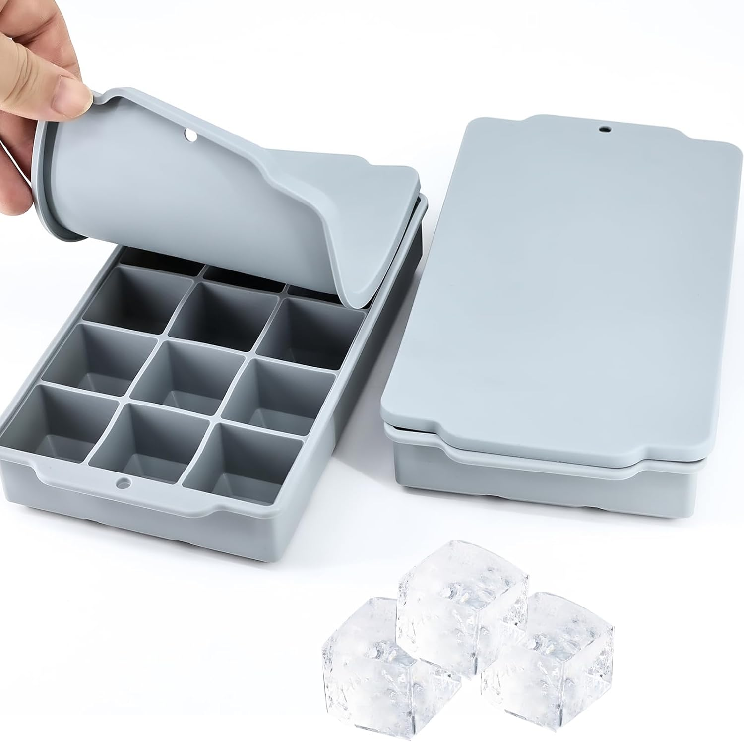 Silicone Ice Cube Tray with Lid &ndash; Set of 2 Ice Cube Molds, Making 30PCS Square Ice Cube for Whiskey Cocktails Bourbon Soups Frozen Treats, Easy Release BPA Free image number 3