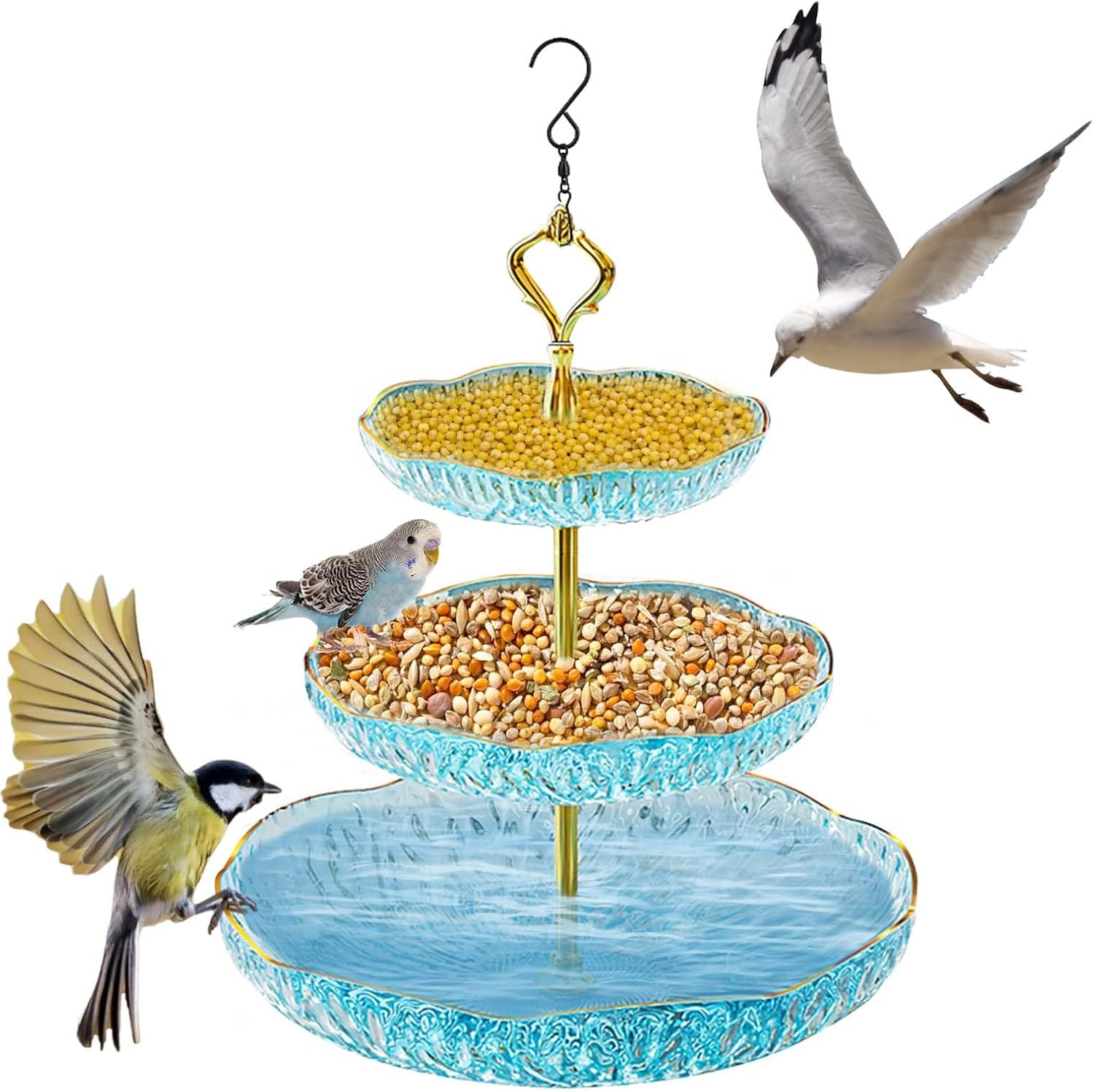 SUSOO 3-Tier Bird Feeder with Hook Hanging, Outdoor Wild Feeding Station for Stylish Garden,Yard, Pathway Landscape Decoration, Easy-Clean Small Animals Food Feeder for Bird Lovers Gift（42Cmx24Cm） image number 3