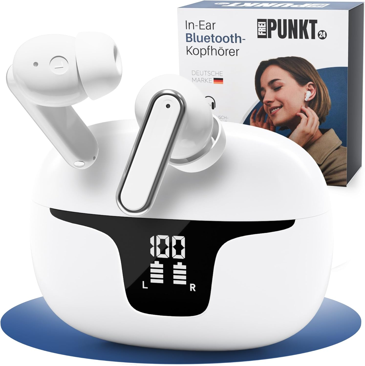 FREI PUNKT 24 In-Ear Headphones - Bluetooth 5.3, White, ANC+ENC Noise Cancellation, 6+48H Runtime, LED Display, Rich Bass, 3 Pairs Silicone Ear Tips