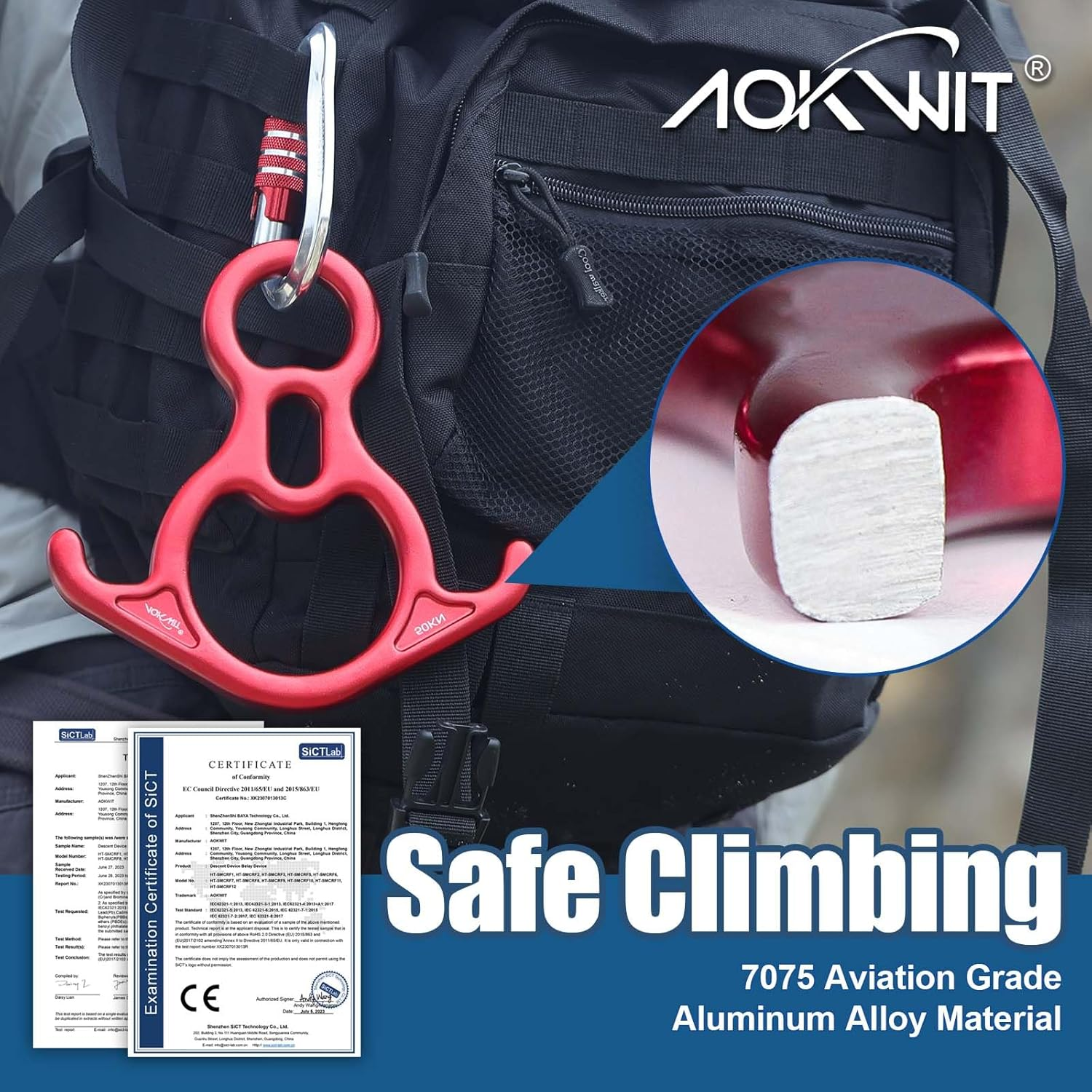 50KN Rescue Figure, 8 Descender Large Bent-Ear Belaying and Rappelling Gear Belay Device Climbing for Rock Climbing Peak Rescue 7075 Aluminum Alloy - Black image number 4