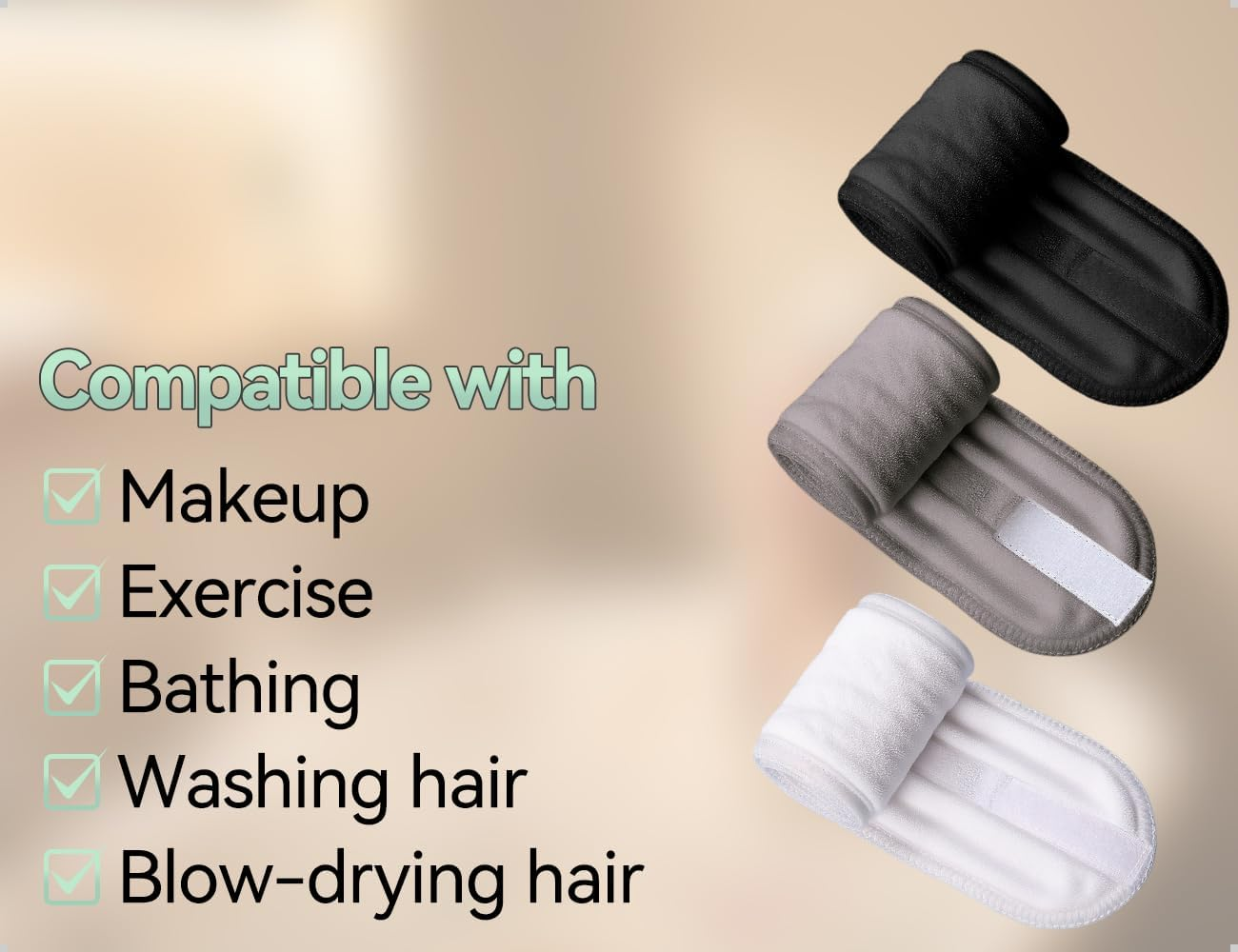 AOYEGIC Pack of 3 Cosmetic Hair Bands, Adjustable Headband for Make, Self-Adhesive Headband for Make-Up, for Sports, Make-Up, Wash Your Face (Black + White + Grey) image number 6