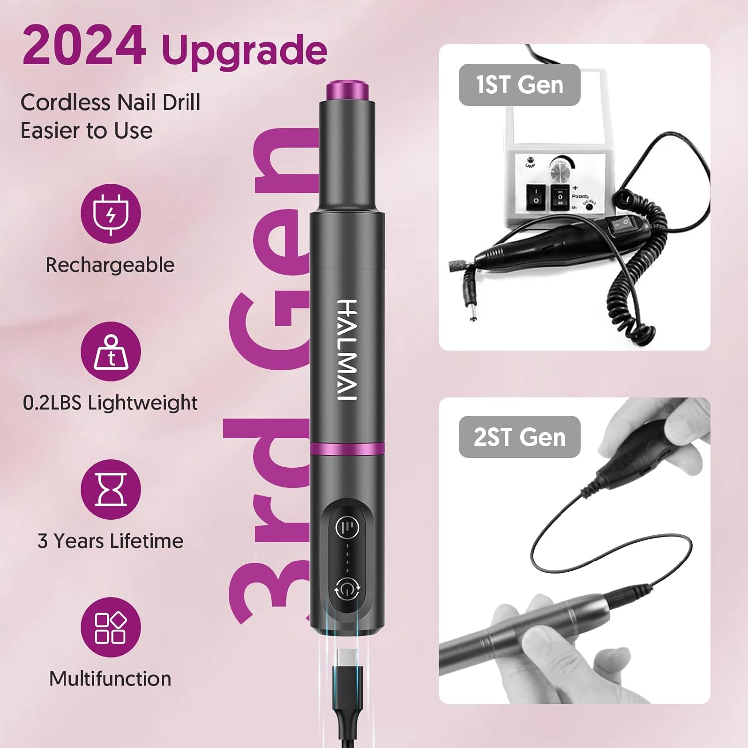 HALMAI Electric Nail Drill Machine, Cordless Portable Nail File Kit for Acrylic,Gel Nails, Rechargeable Professional Acrylic Manicure Pedicure Machine for Home with Max 20000 RPM (Basic-Dark Grey) image number 4