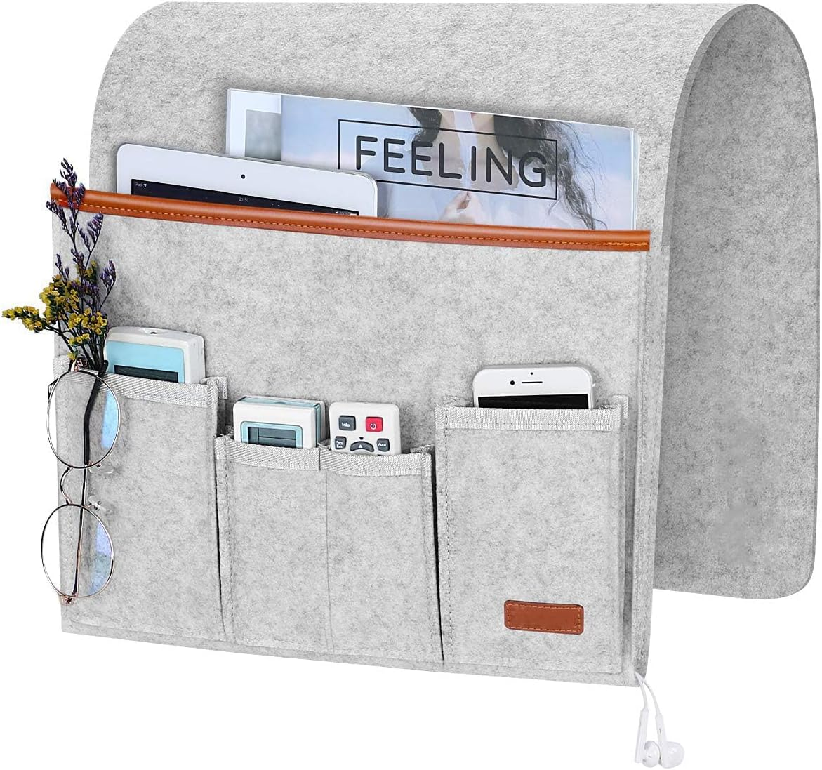 Sofa Armrest Organizer, Hanging Sofa Caddy Storage Bag with Long Flap and Hook, Sofa Remote Control Holder Bag with 5 Pockets for Magazine, Glasses, Tablet, Phone, Ipad, Non-Slip (Grey) image number 1