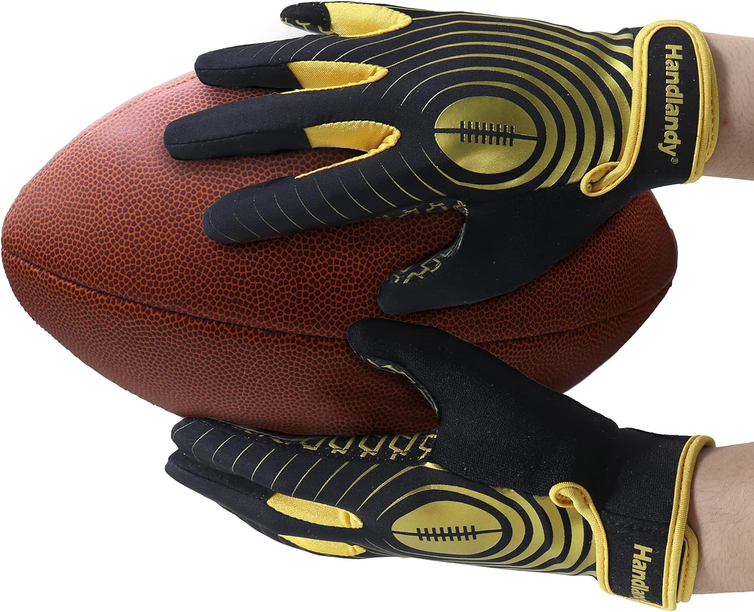 HANDLANDY Youth Football Gloves, Sticky Wide Receiver Gloves for Kids & Adult, Black and Gold Stretch Fit Football Gloves (Small) image number 2