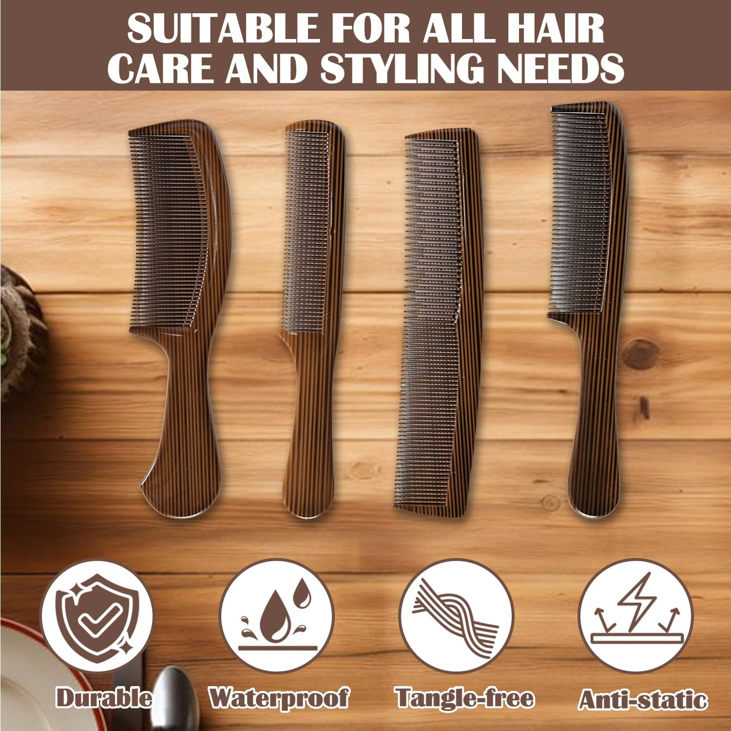 4Pcs Comb Set with Wooden Grain, Professional Styling Hair Combs for Men, Heat Resistant & Anti-Static Detangling Hair Cutting Comb for Women Men image number 6