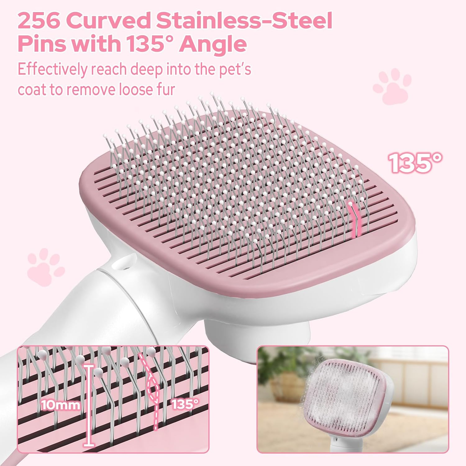 Zivacate Cat Brush Dog Brush, Self-Cleaning Slicker Brush, Dog Comb Fur Brush Dog Gently Removes Undercoat, Massage Grooming Brush for Medium and Long Hair Dogs Cats - Pink/White image number 4