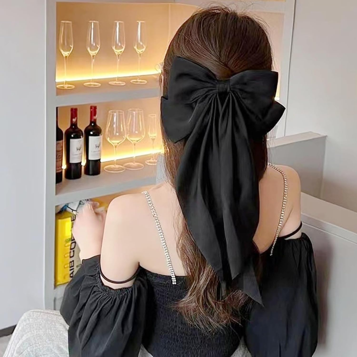 Hair Bow Clips, Hair Clips with Large Bow, Plain Hair Pin with Bow, Hair Clips Accessories for Girls Women, (2 Pieces, Black, Milky White) image number 3