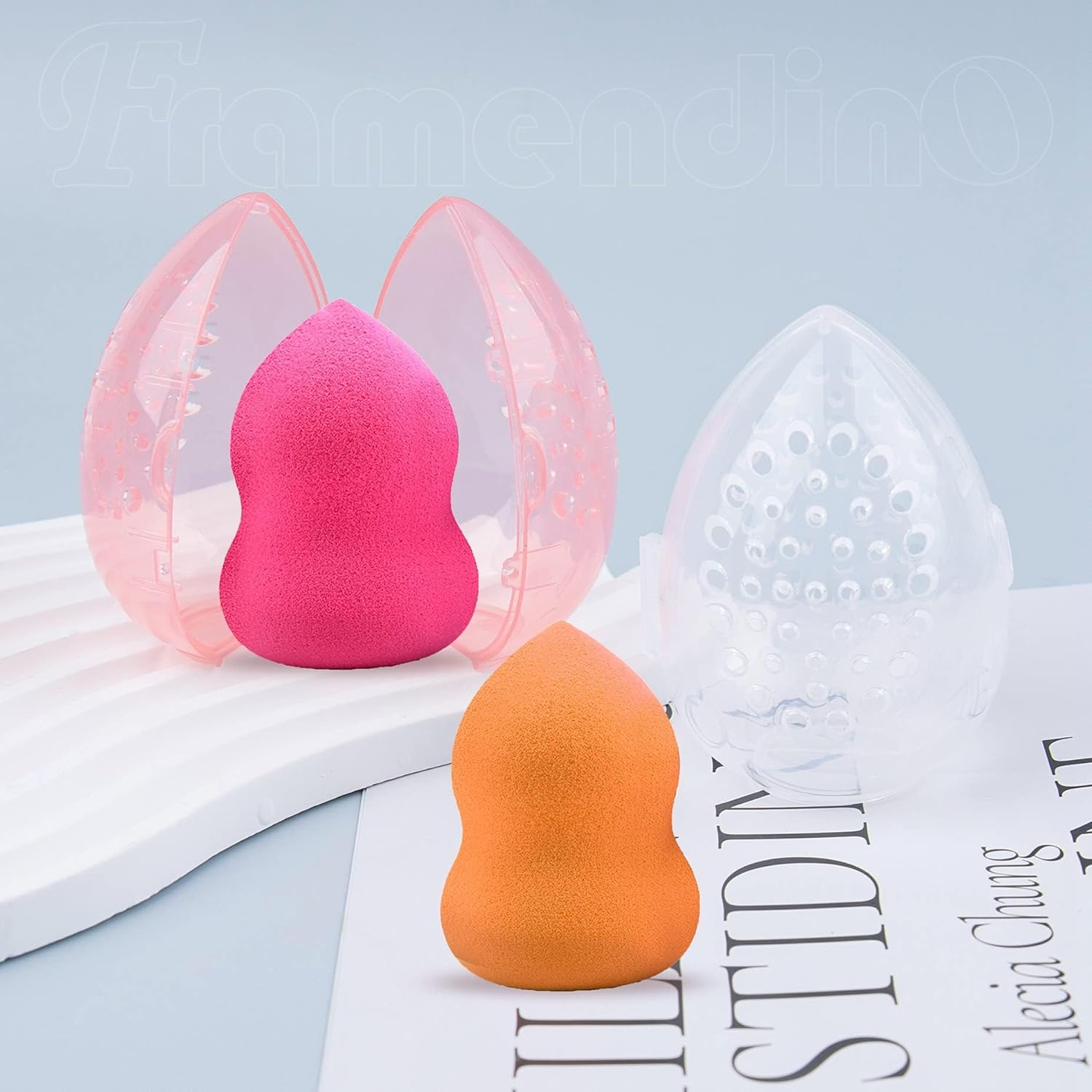 Framendino, 4 Pack Beauty Blender Sponge Container Breathable Makeup Case Clear Pink - Pink, Clear image number 3