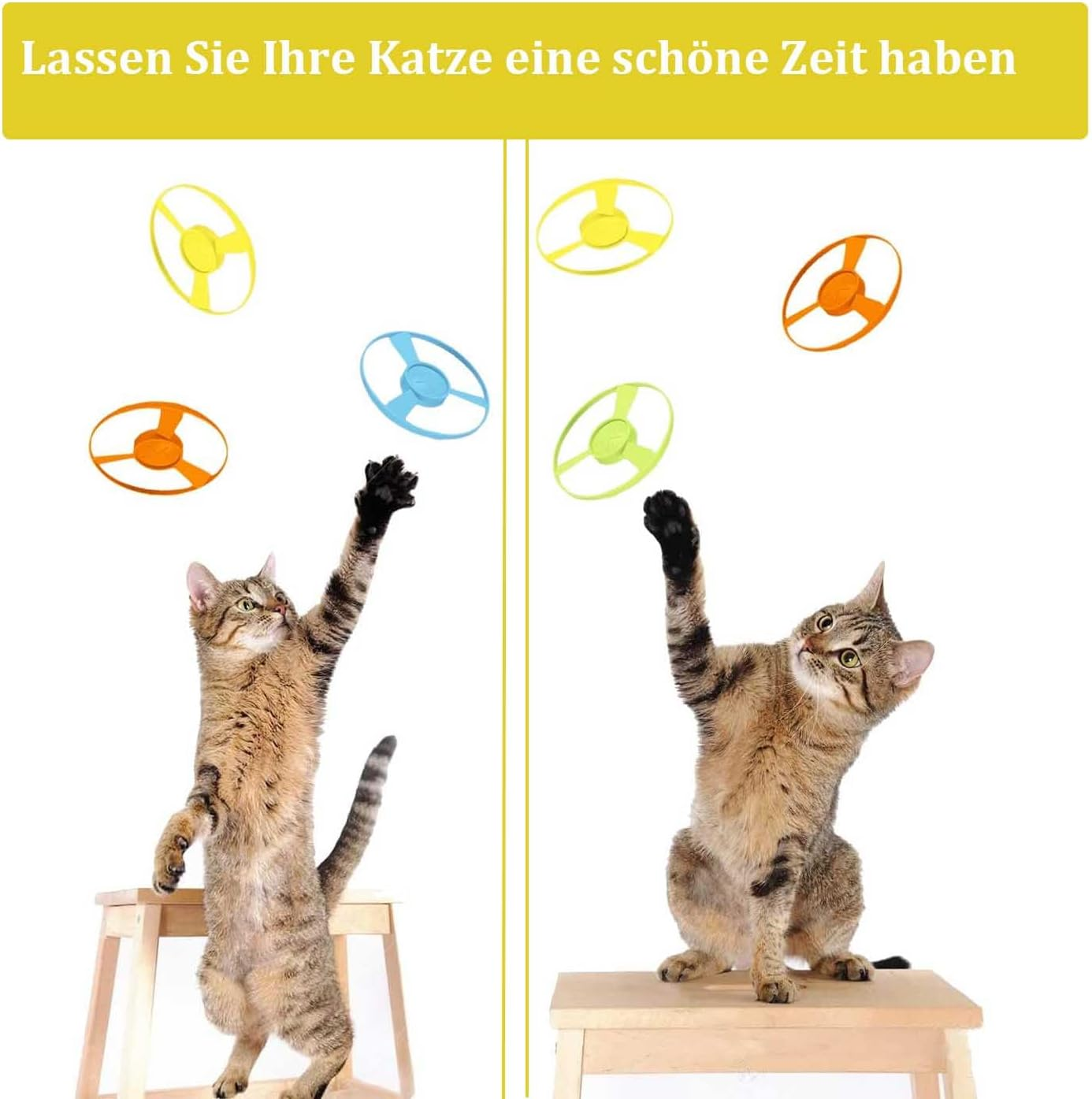 Bull Tiger Prestige Cat Fetch Toy, Cat Toy Sets 1 Blue Launcher and 10 Colourful Flying Chasing Saucer Propellers for Interactive, Training, Hunting, Hitting