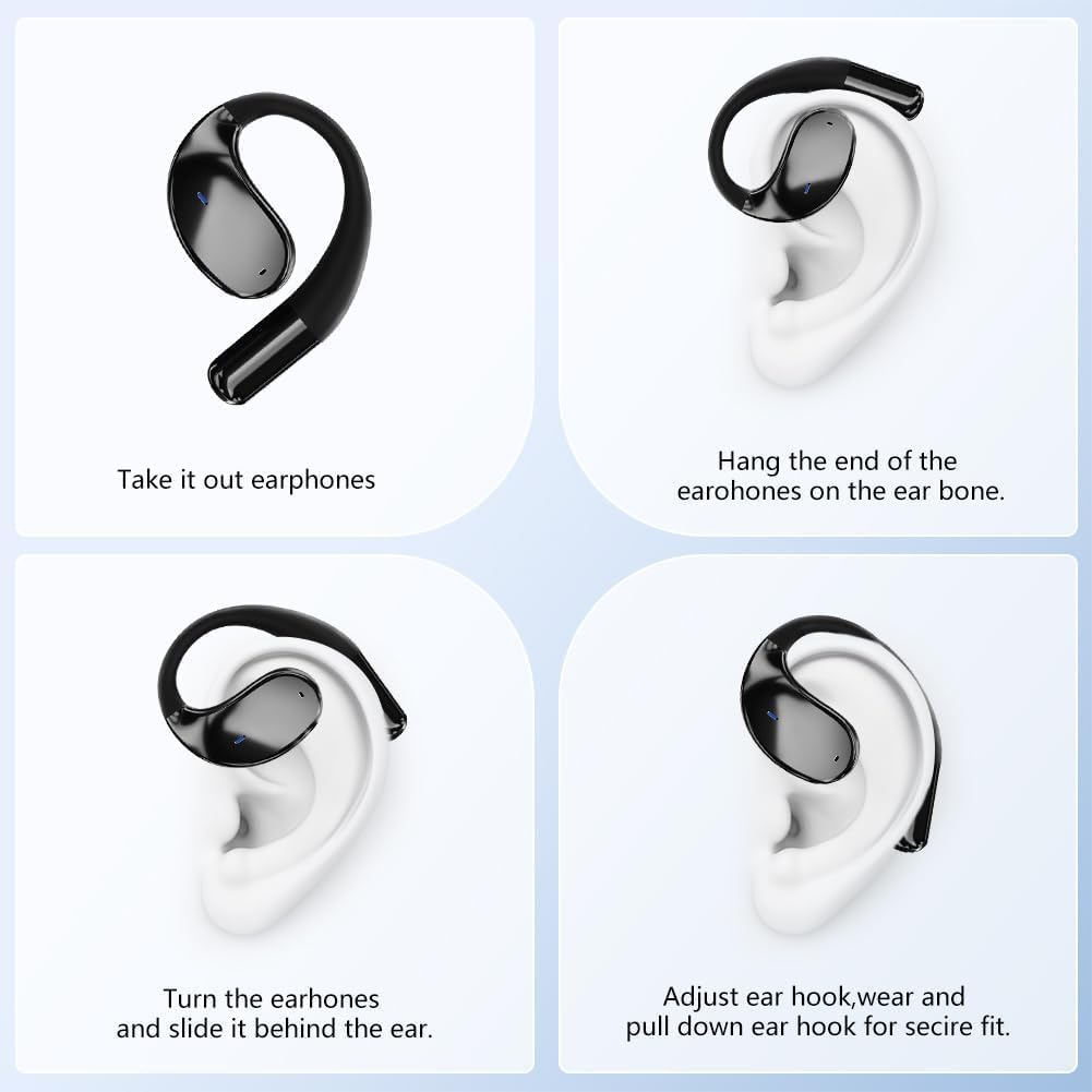 Caijin Wireless Bluetooth Sports Earbuds with Bluetooth 5.4 Technology, Open Ear Hook Design, Powerful Bass, ENC Noise Cancellation, IP54 Waterproof, 60 Hours Playtime (Black) - White image number 6