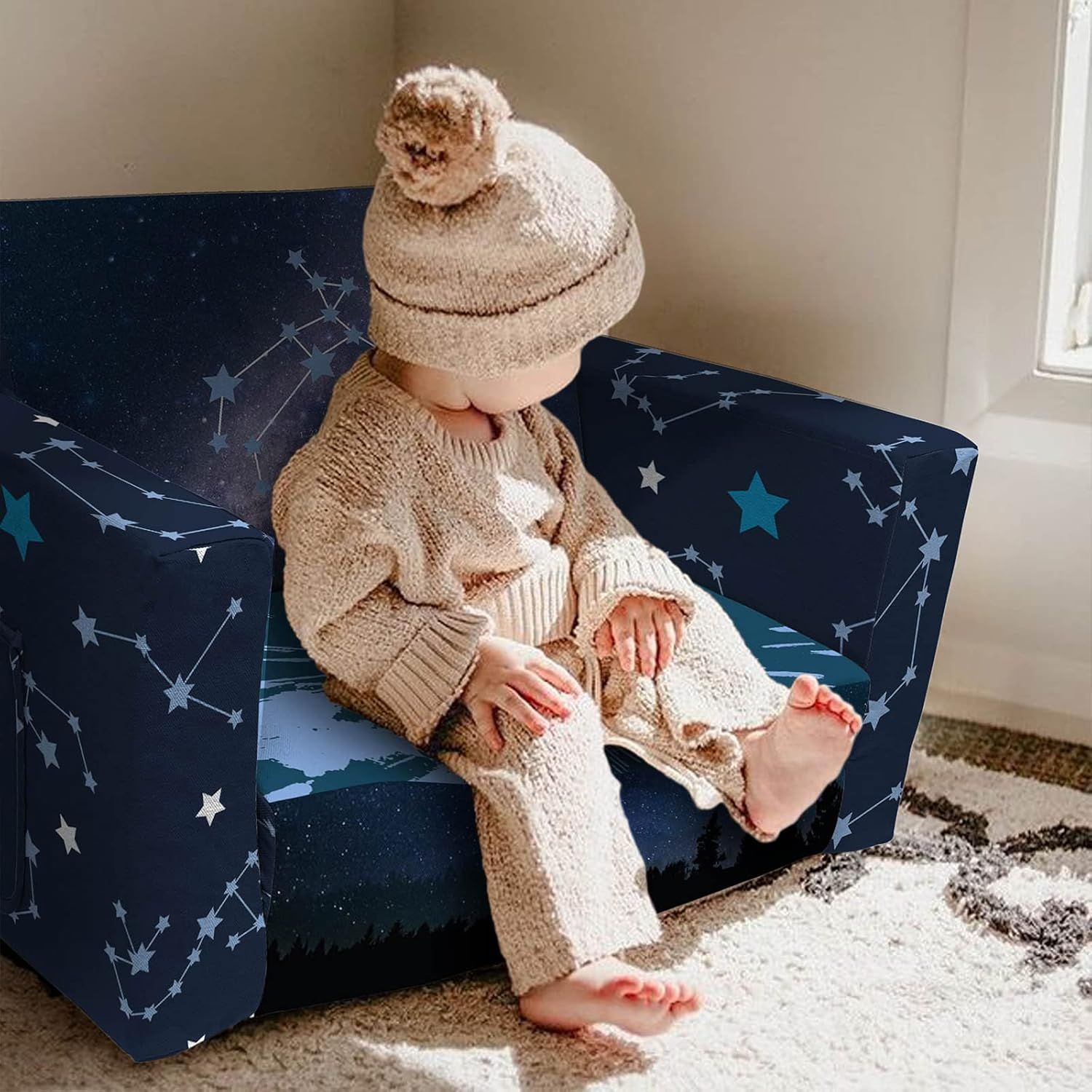 Fond + Found Kids Sofa, Constellation Zodiac Sign Toddler Couch 2-In-1 Convertible Sofas to Lounger, Starry Sky Flip Open Sofa & Sleeper, Toddler Chair Kids Couch for Girls Boys image number 2