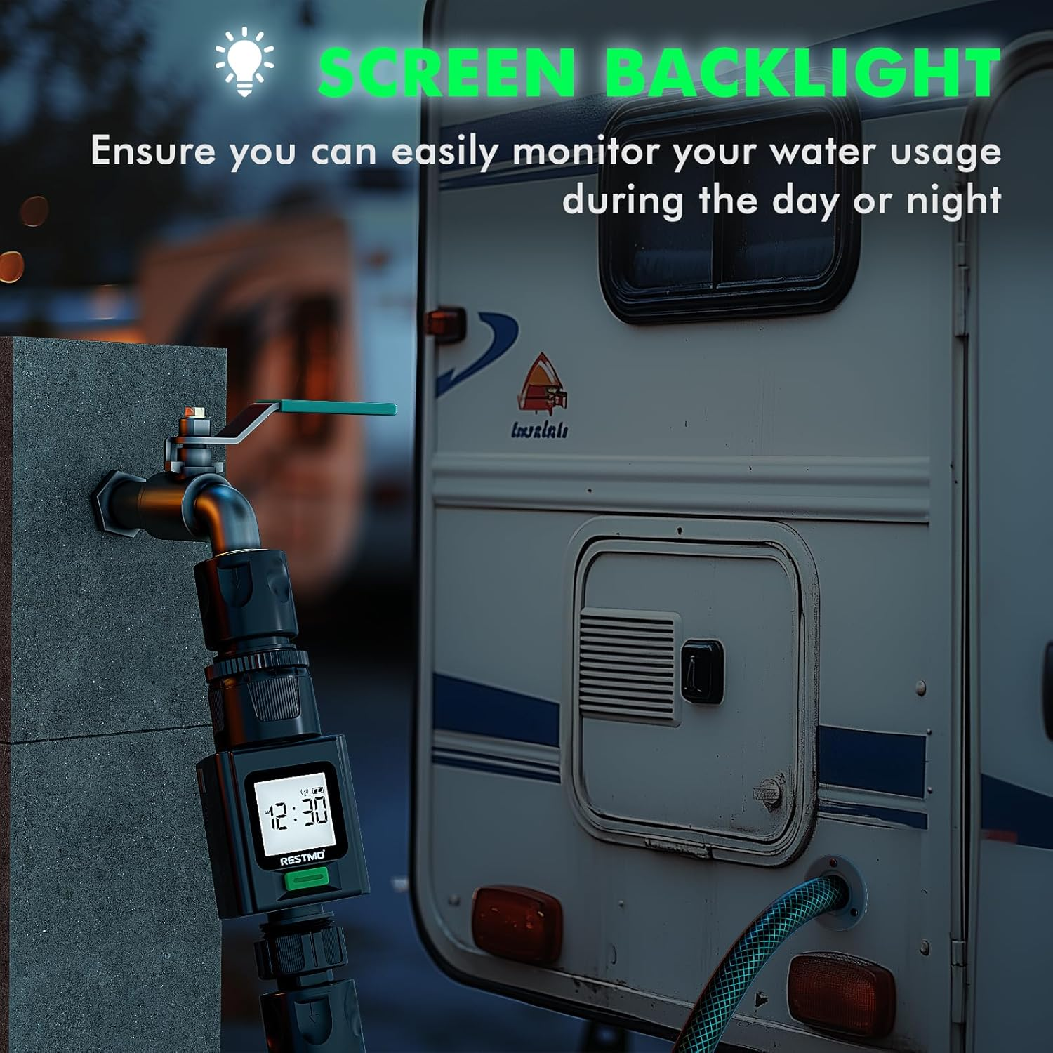 RESTMO Smart Water Flow Meter, 180&deg; Adaptive Garden Hose Tap Meter, Measure Gallon/Liter Consumption and Flow Rate for Outdoor Garden Hose Watering, RV Water Tank Filling, Lawn Sprinkler and Nozzle image number 2