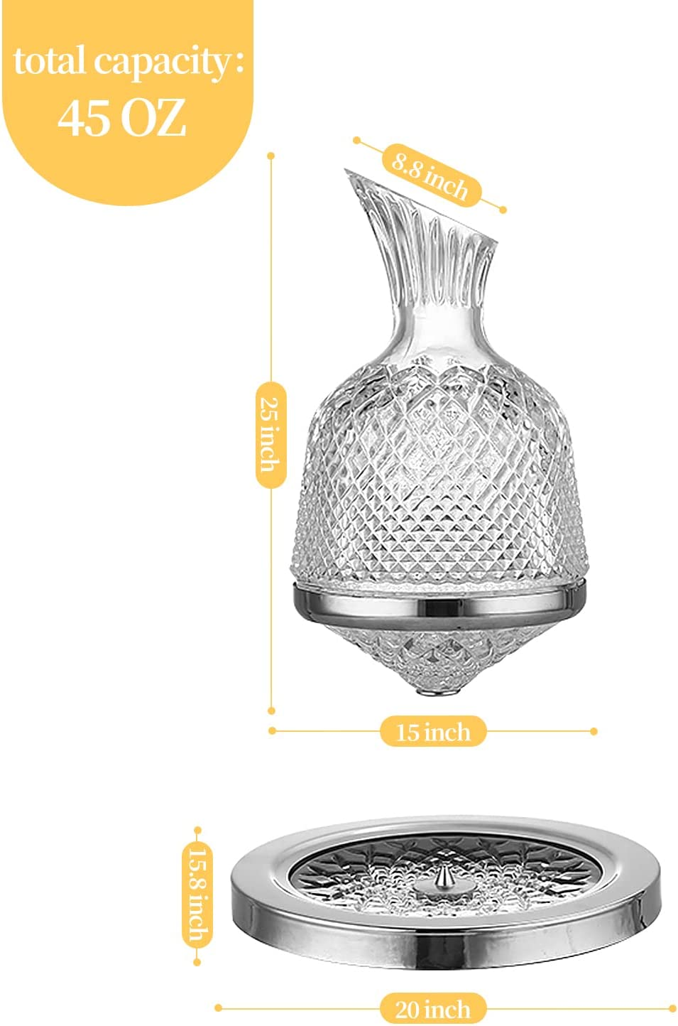 Crystal Wine Decanter Lead-Free Crystal Glass, 360 Degree Spinning, 1.5L Red Wine Aerator Great Gift Box, Wine Accessories image number 3