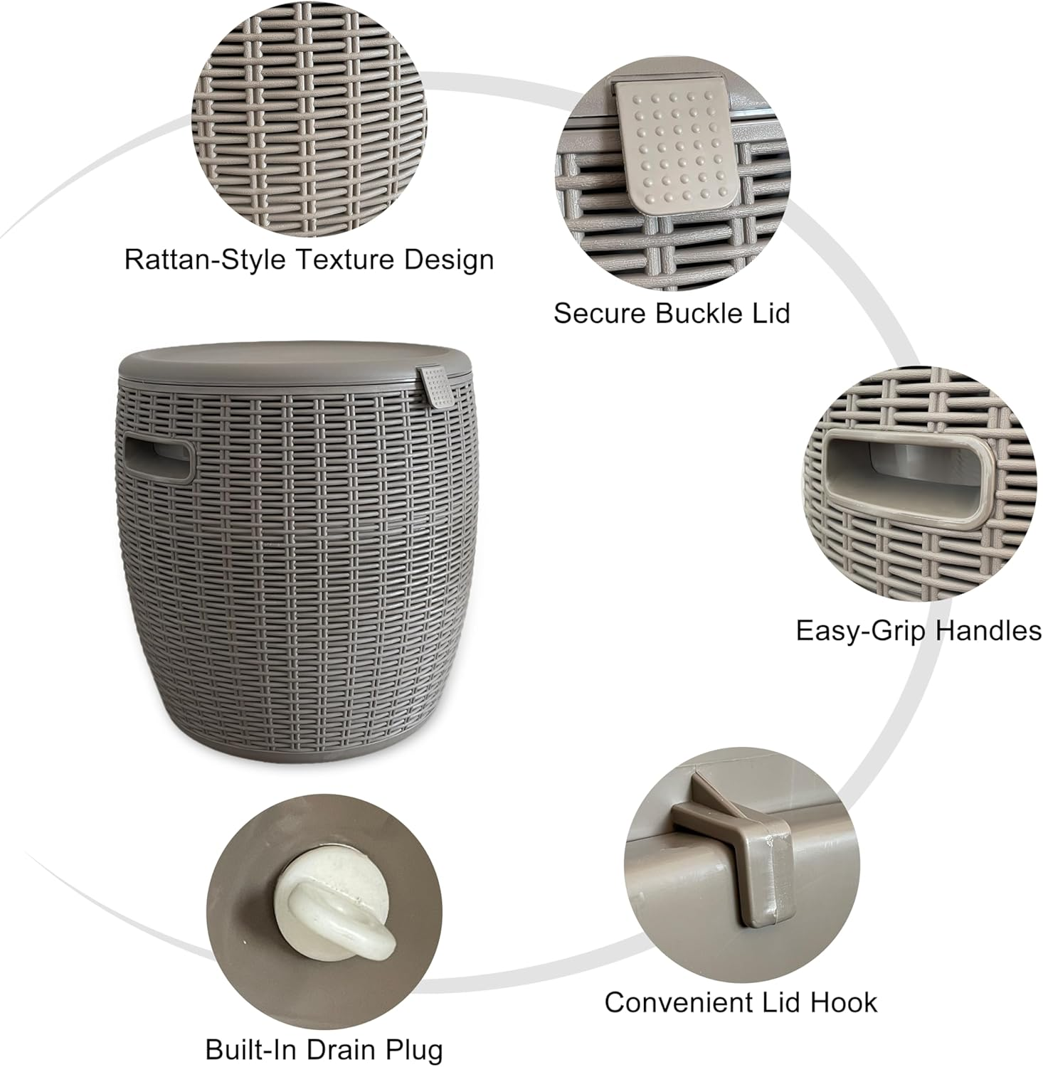 Rattan Outdoor Storage Stool, Outdoor Furniture, 37L, Ice Cooler, Wicker round Ice Chest, Outdoor Patio Bar Table, Beverage Bucket with Drain Plug for Poolside, Deck, Party, and BBQ image number 5