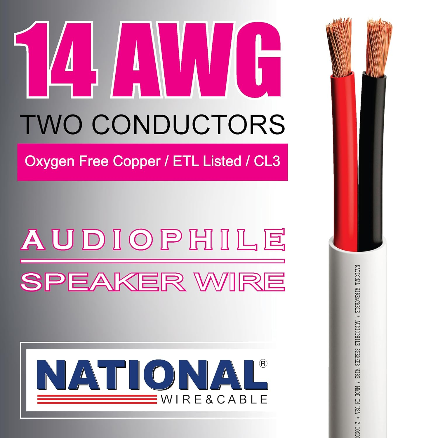 NATIONAL Wire&Cable - 14/2 Audiophile Speaker Wire (200 Feet) 14AWG Gauge - Made in USA - in Wall Audio Speaker Wire Cable/Cl Rated/Etl Listed / 2 Conductors - OFC Oxygen-Free Copper, White 200Ft image number 7